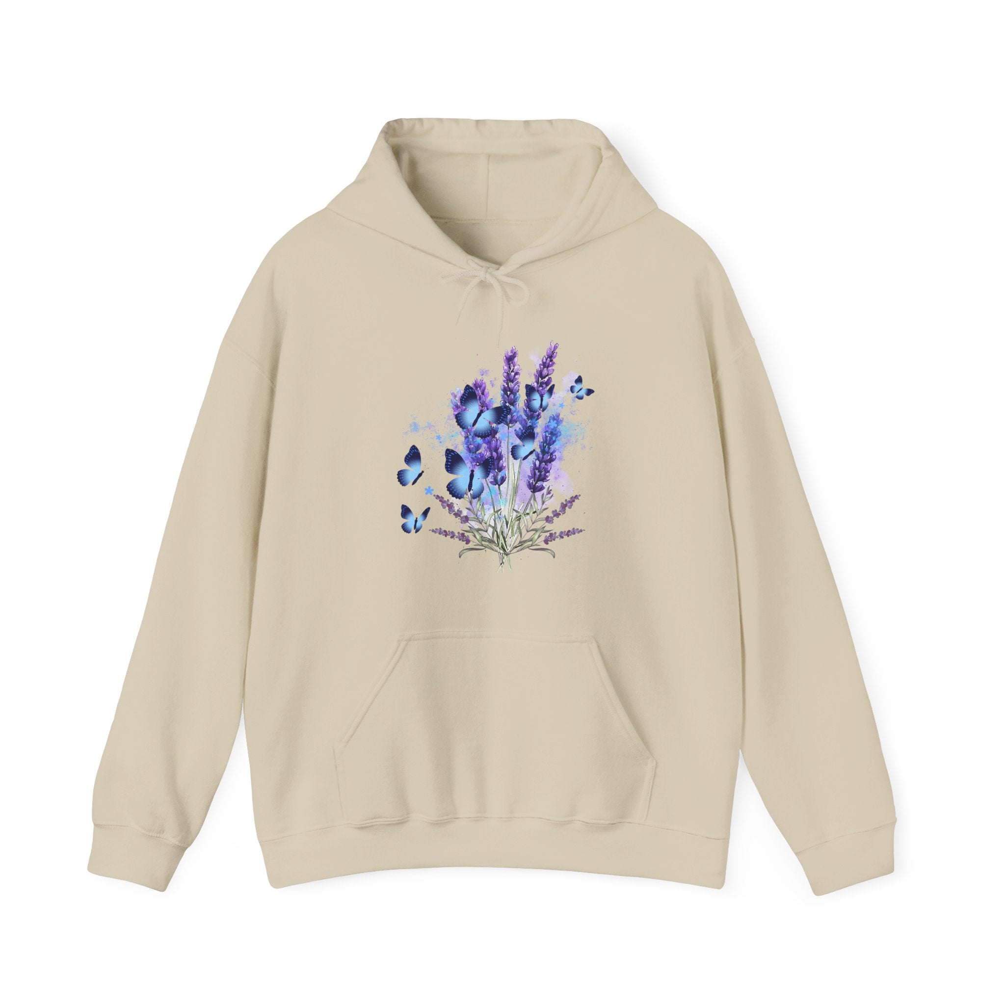 Beige hoodie with a floral design on a white background