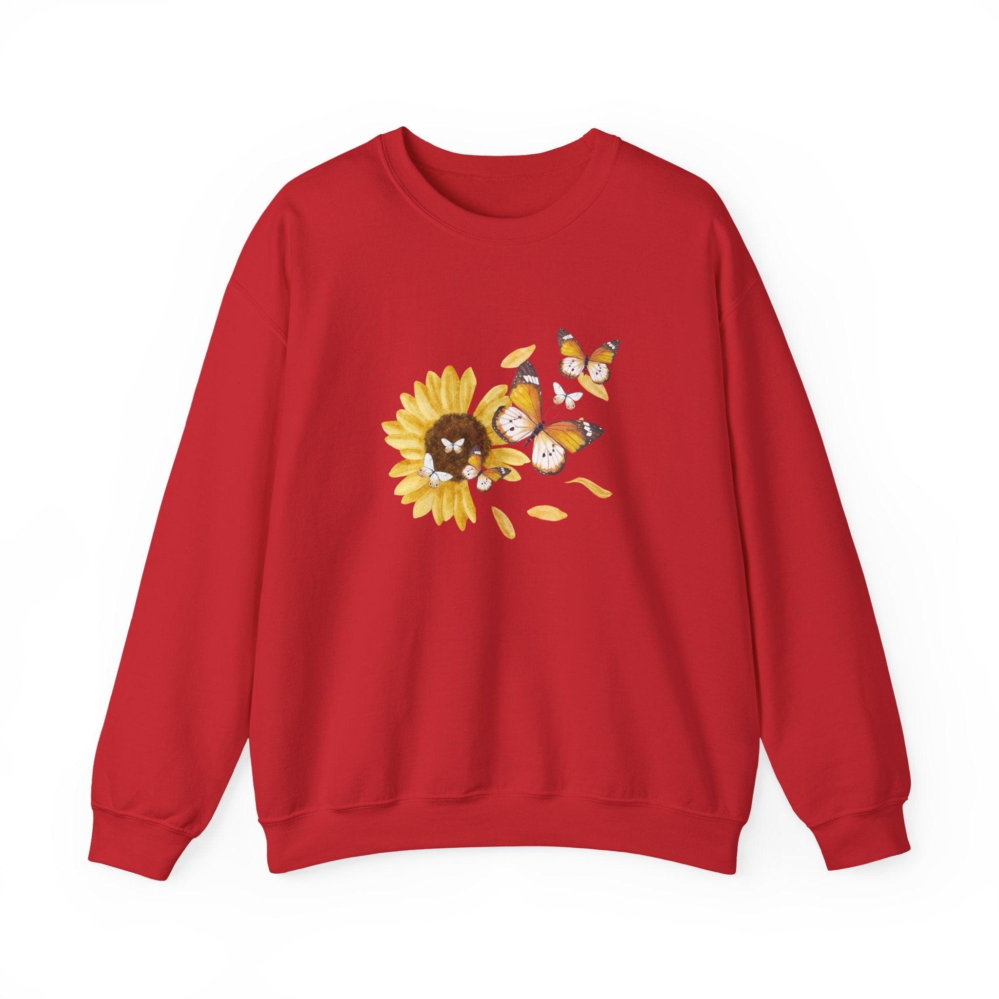 Red sweatshirt with a sunflower and character design on a white background