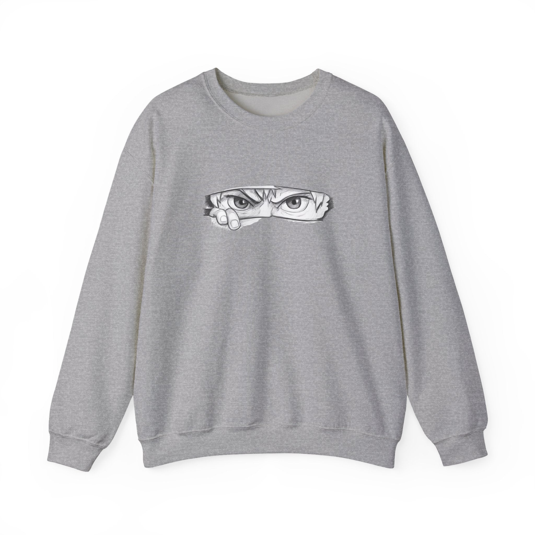 Gray sweatshirt with a anime eyes design on a white background