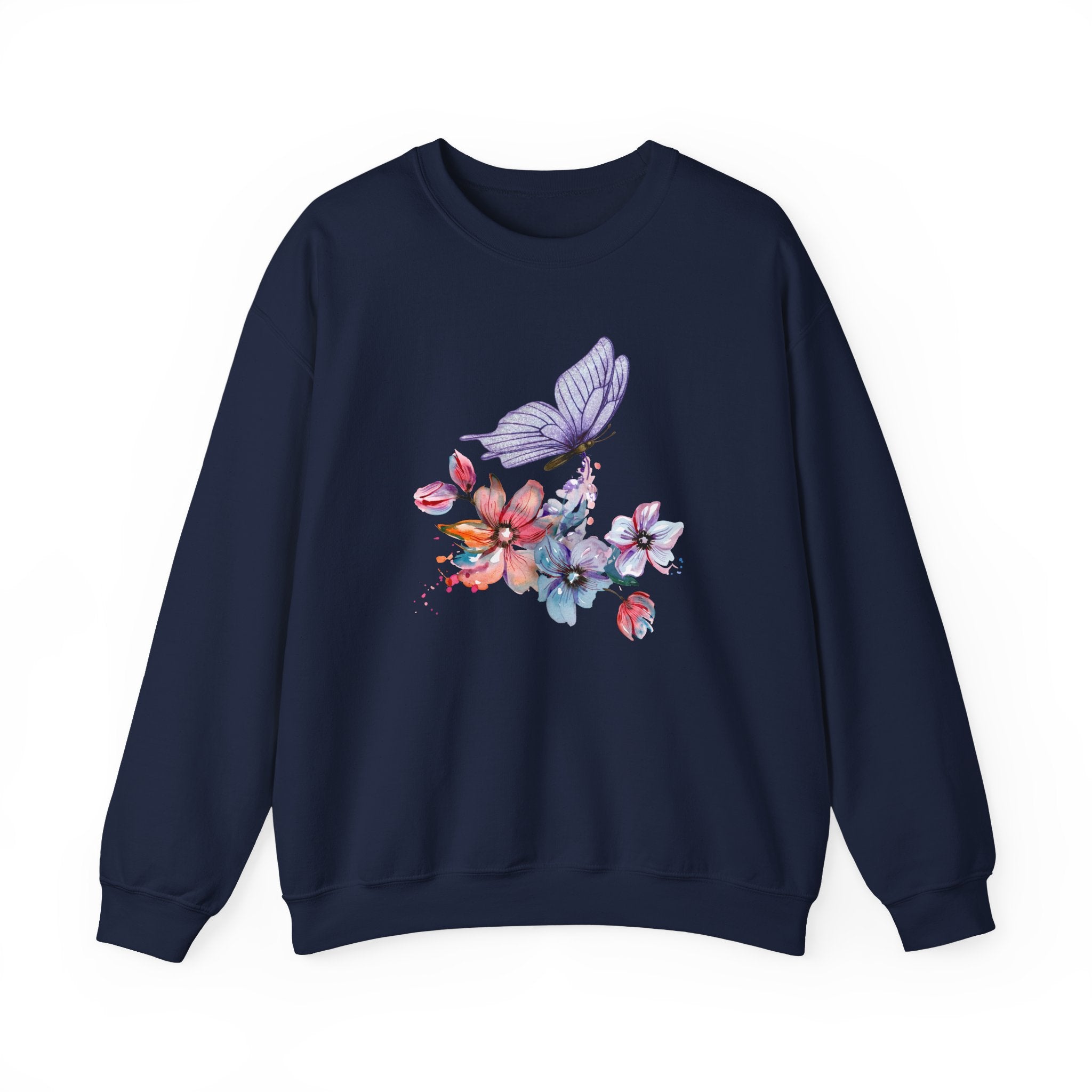 Navy blue sweatshirt with floral and butterfly design on a white background