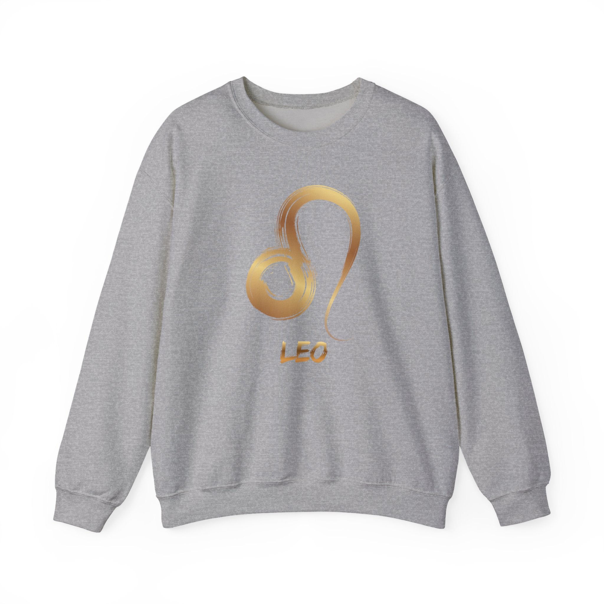 Gray sweatshirt with a gold Leo symbol on a white background
