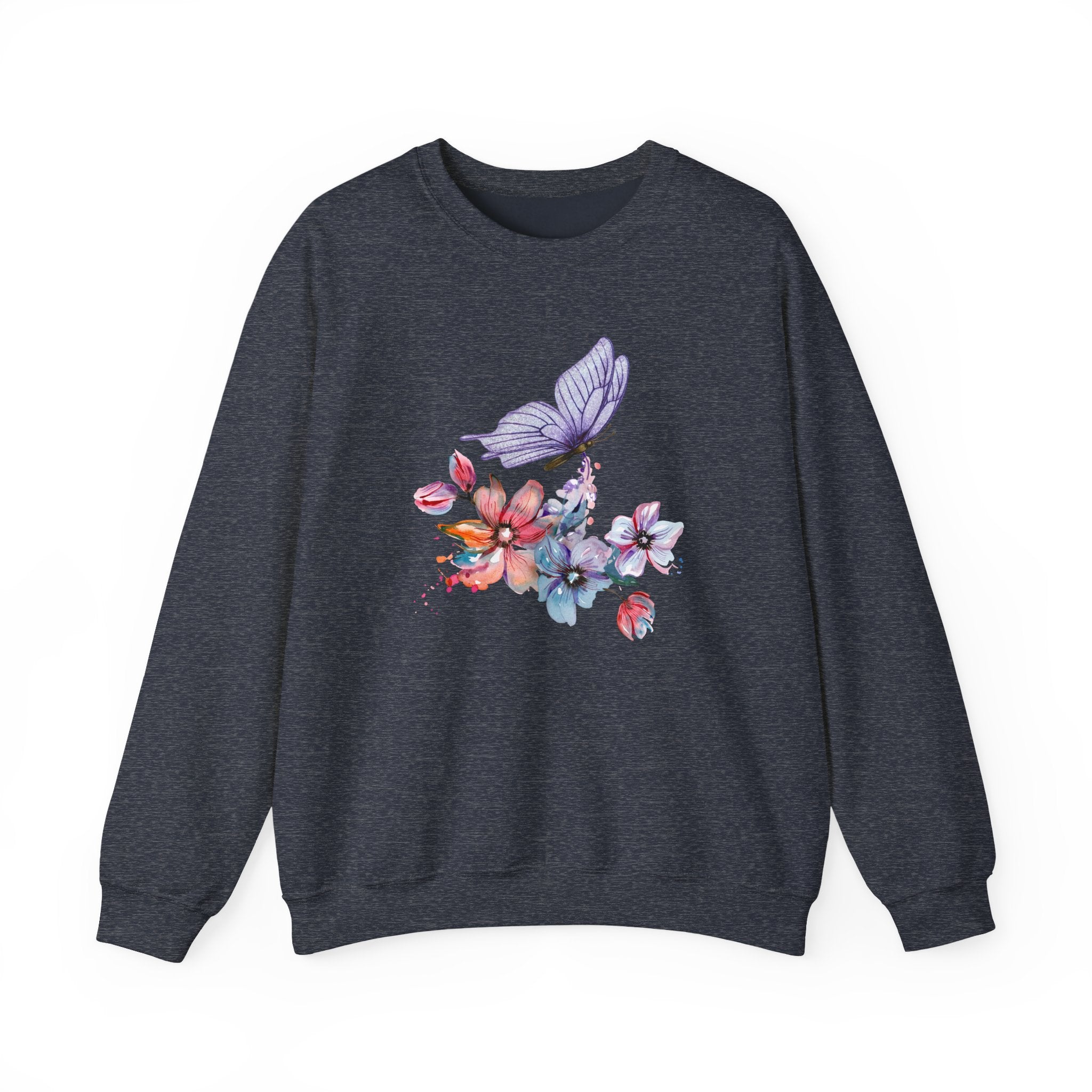 Dark navy sweatshirt with floral and butterfly design on a white background
