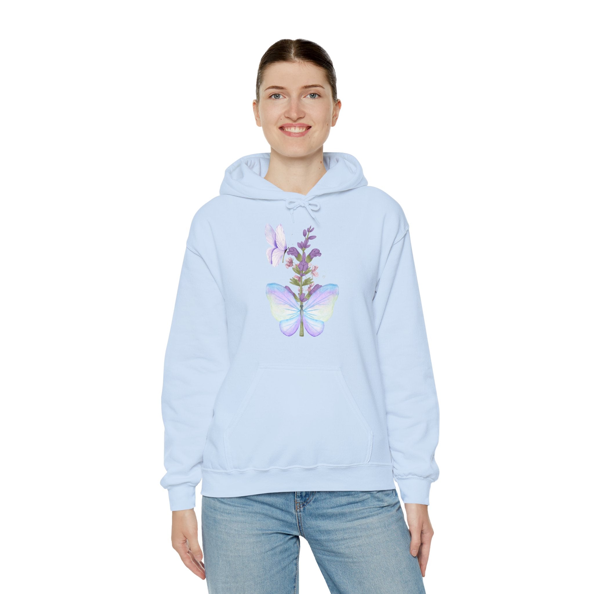 Light blue hoodie with text worn by a person on a white background