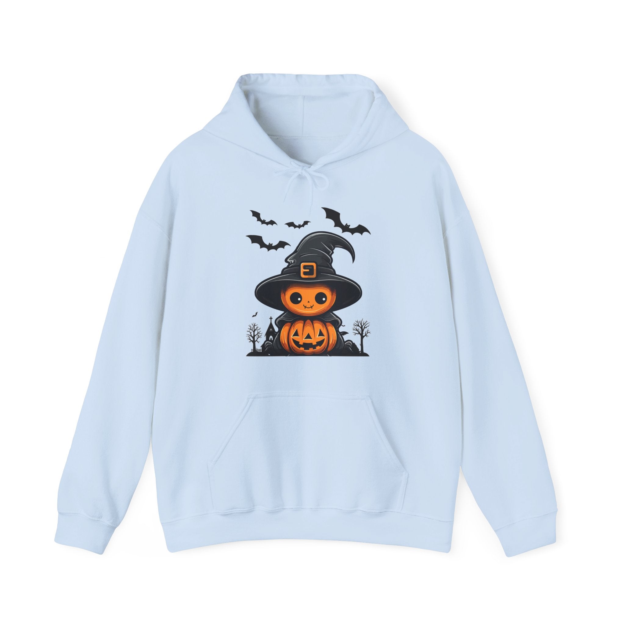 Light blue hoodie with Halloween-themed design on a white background