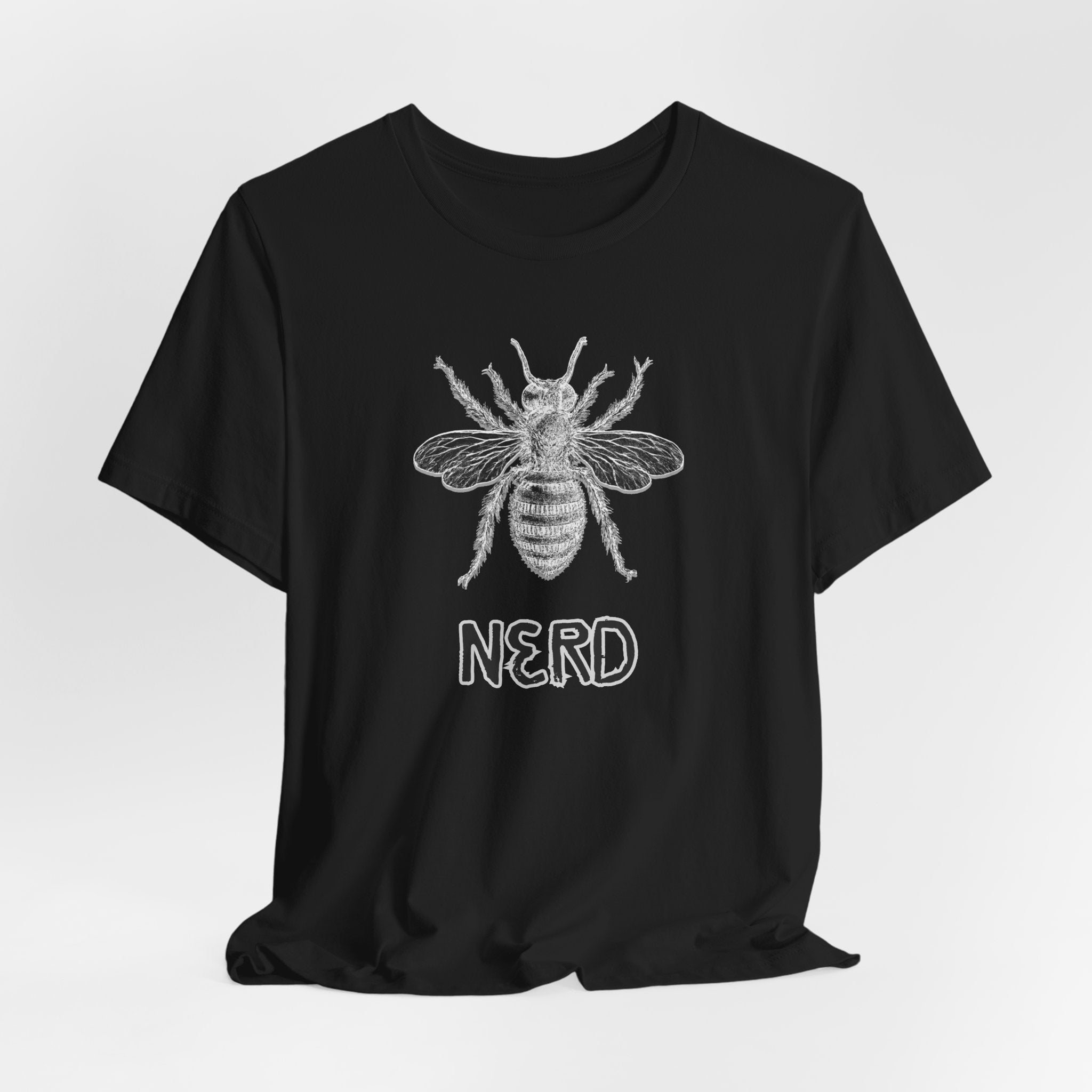 Black t-shirt with bee graphic and "NERD" text print on a white background
