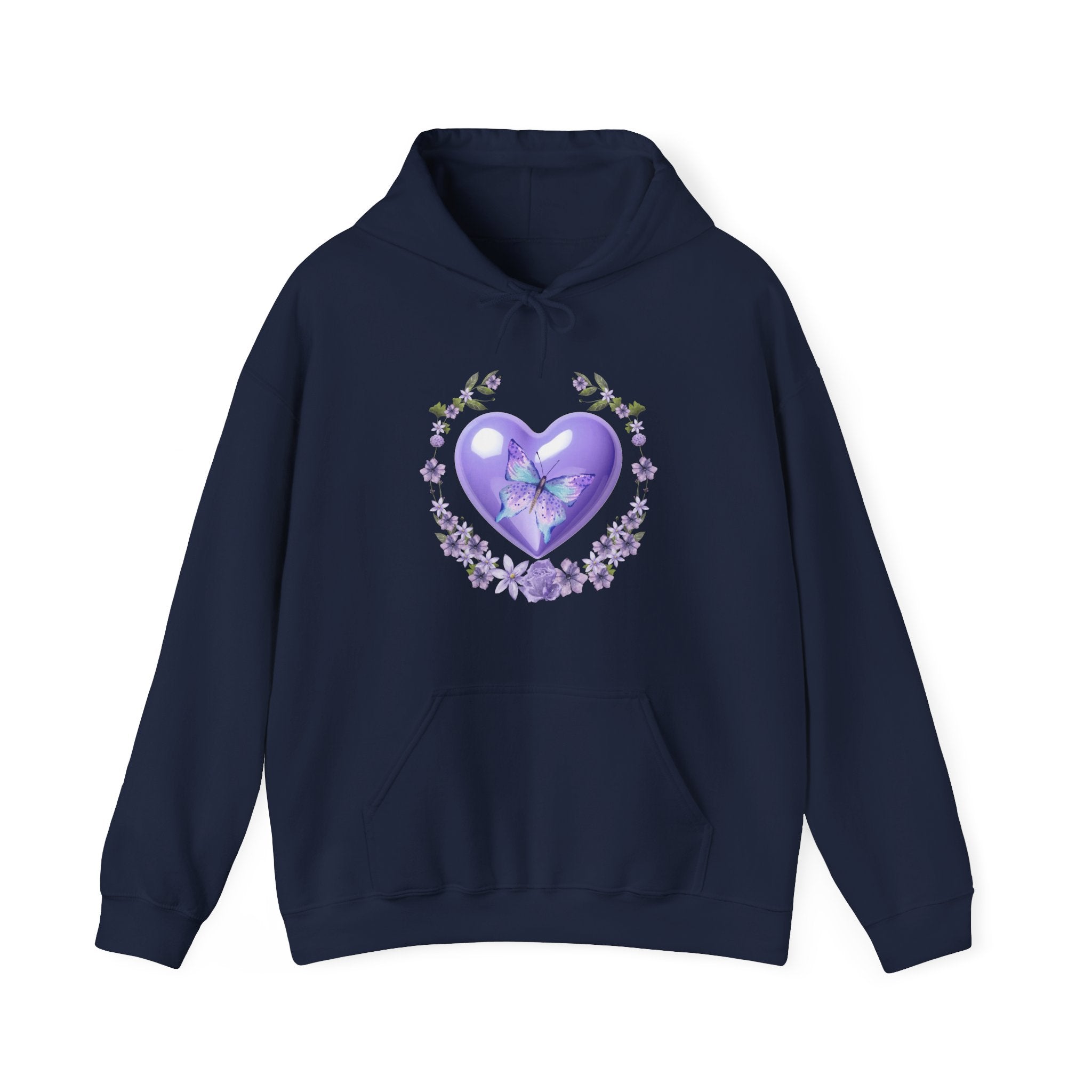 Navy blue hoodie with a purple heart design on a white background