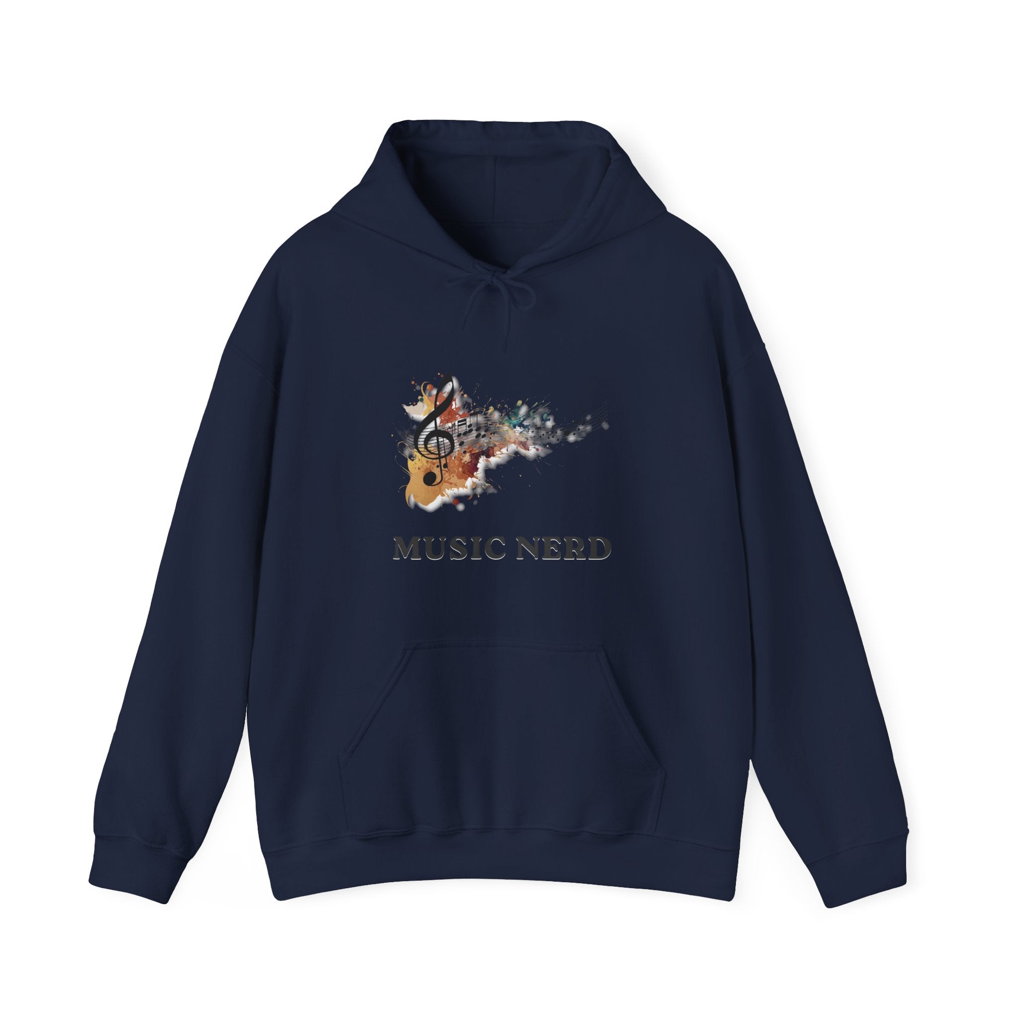 Navy blue hoodie with 'Music Nerd' design on a white background