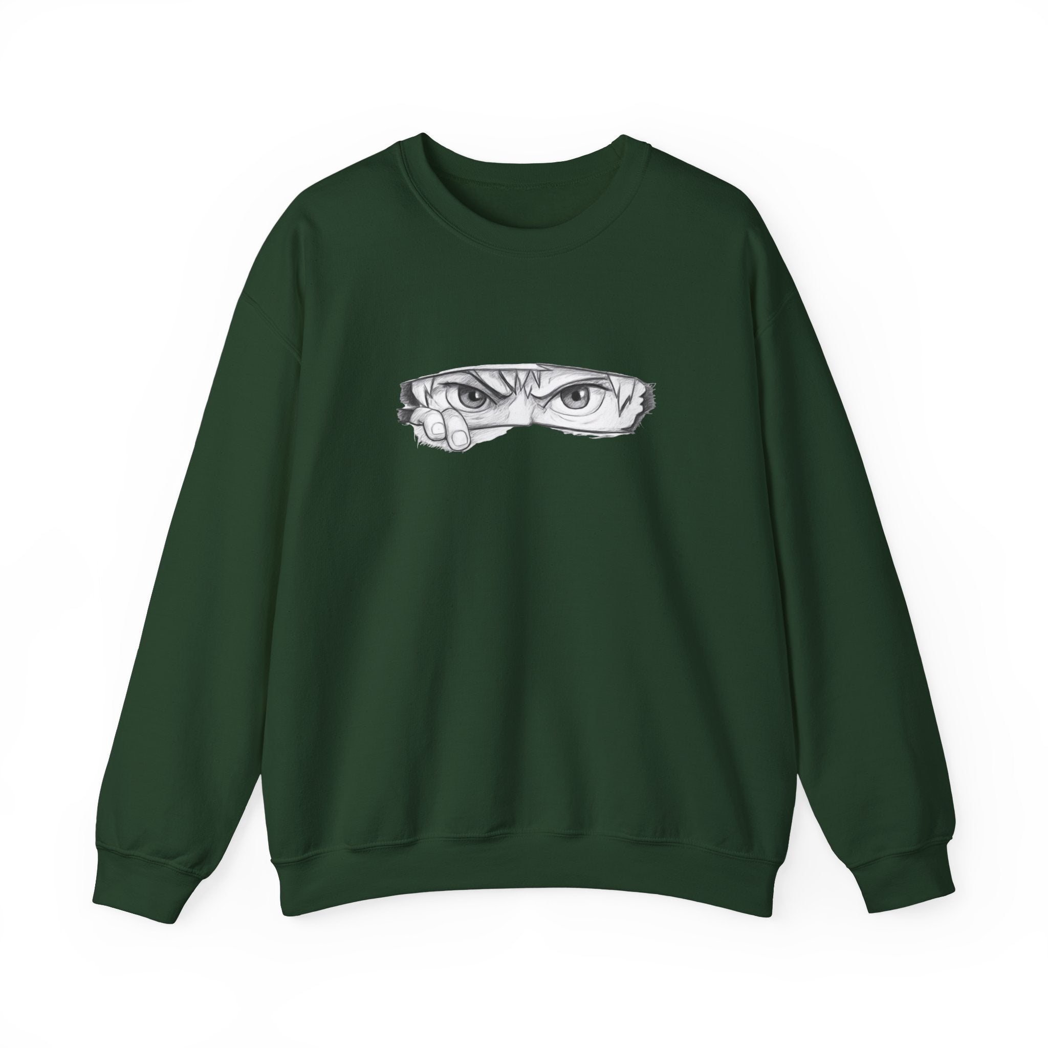 Green sweatshirt with a anime eyes design on a white background