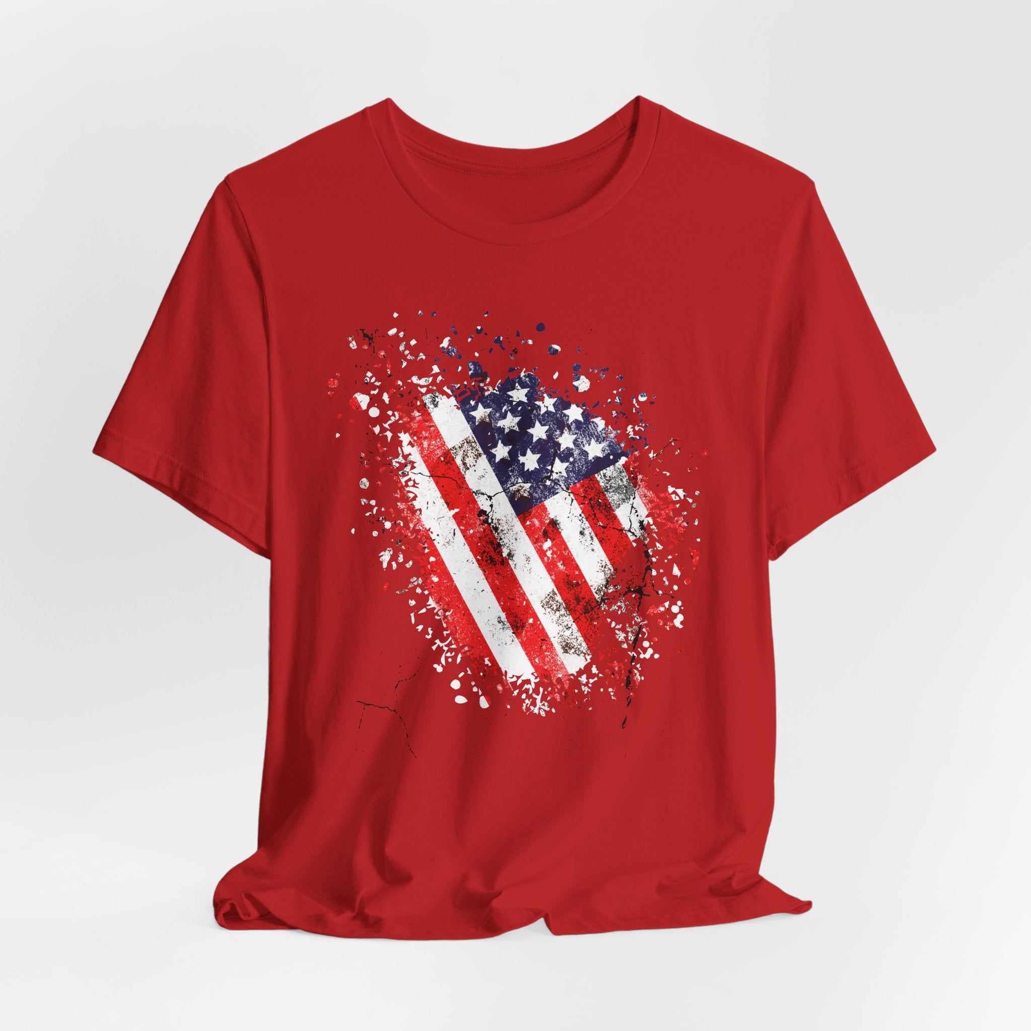 Red t-shirt with American flag graphic on a white background