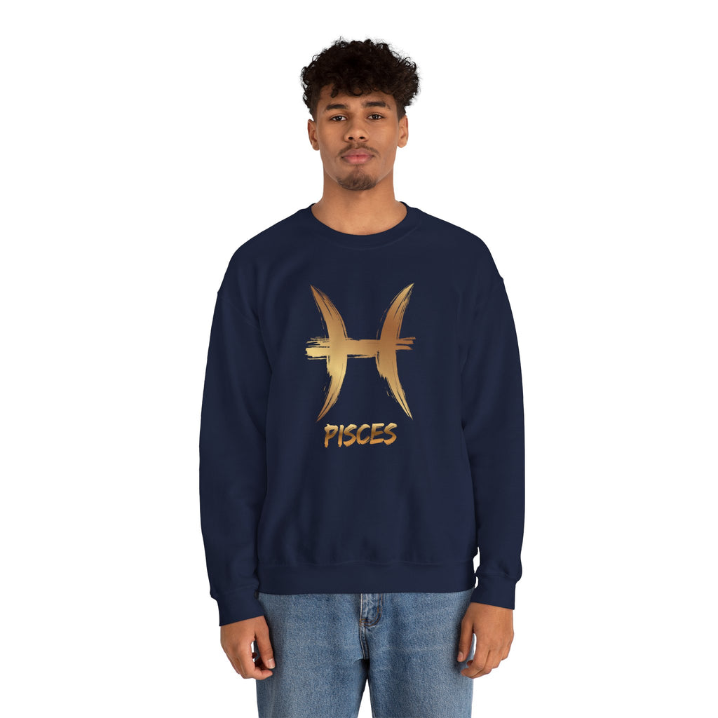 Person wearing a navy blue sweatshirt with gold Pisces symbol and text on a white background