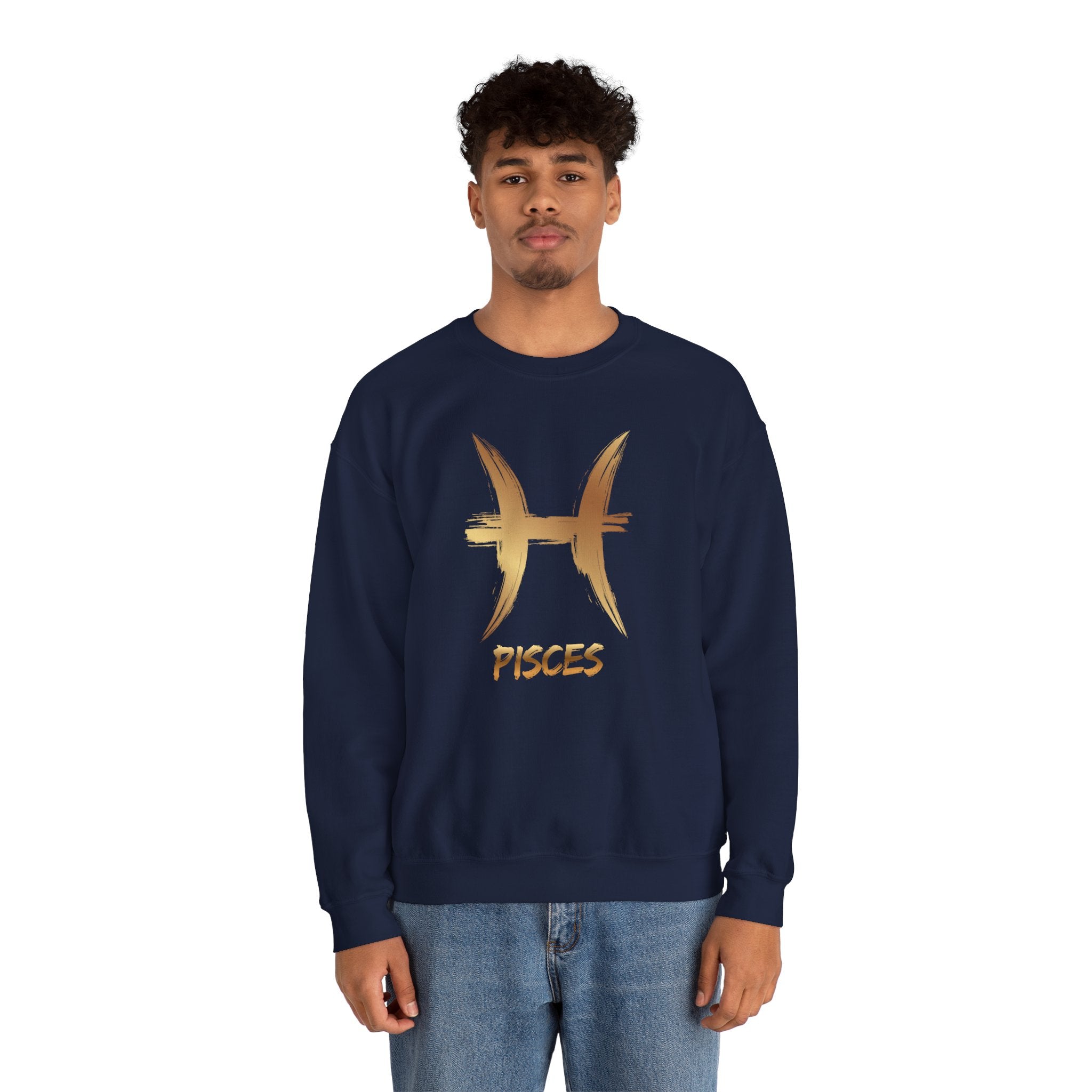 Person wearing a navy blue sweatshirt with gold Pisces symbol and text on a white background