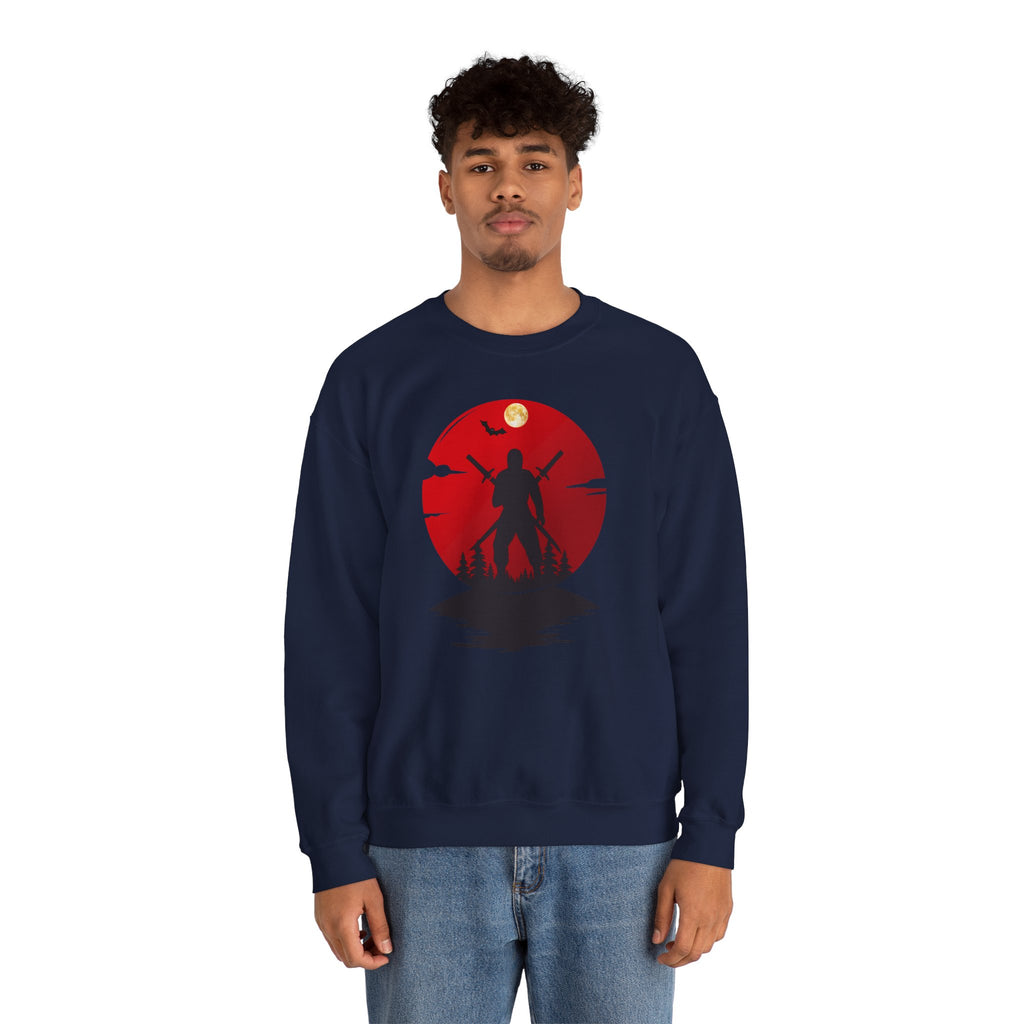 Person wearing a navy blue sweatshirt with a red and black ninja graphic design on a white background