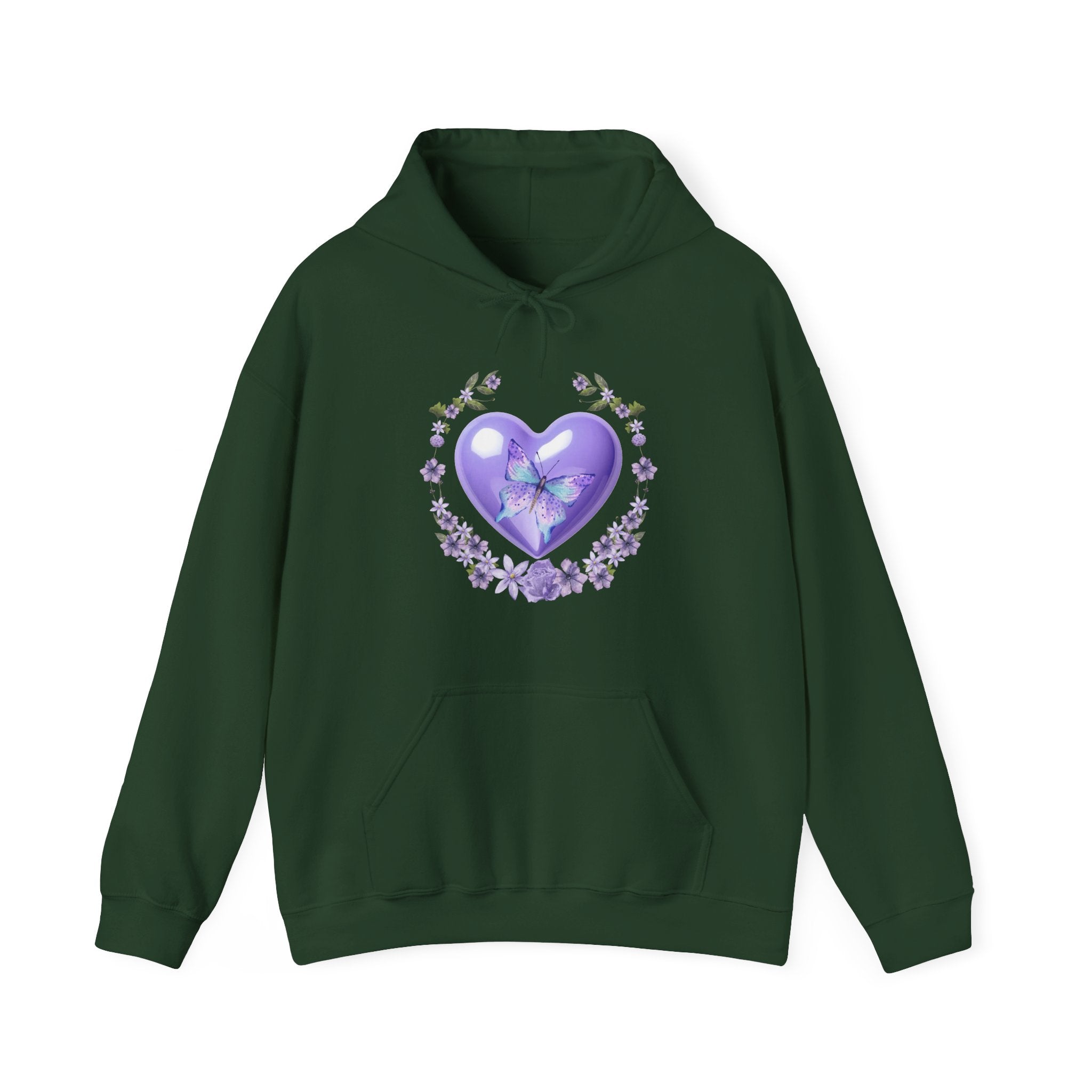 Green hoodie with a purple heart and butterfly design on a white background