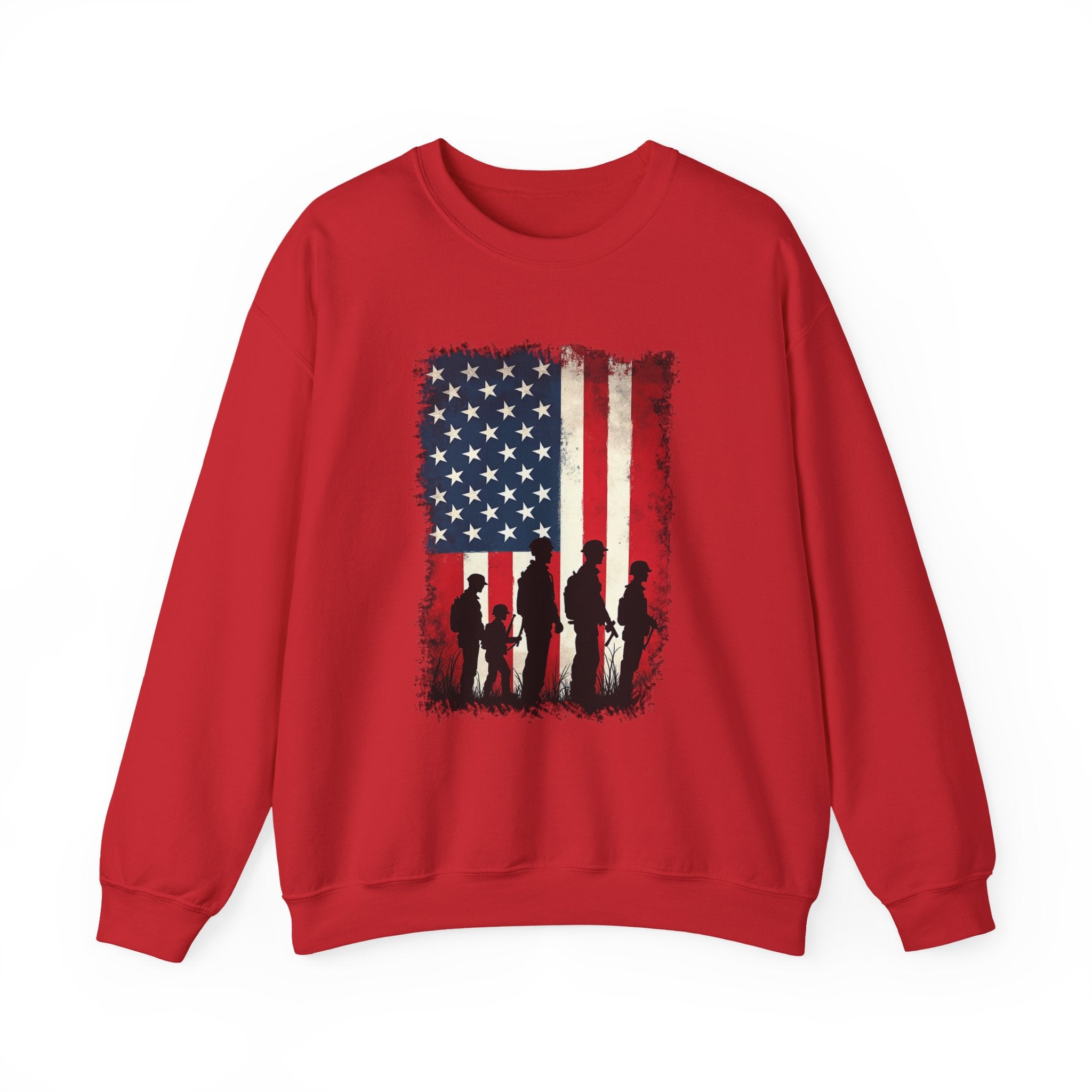 Red sweatshirt with American flag and silhouette design on a white background