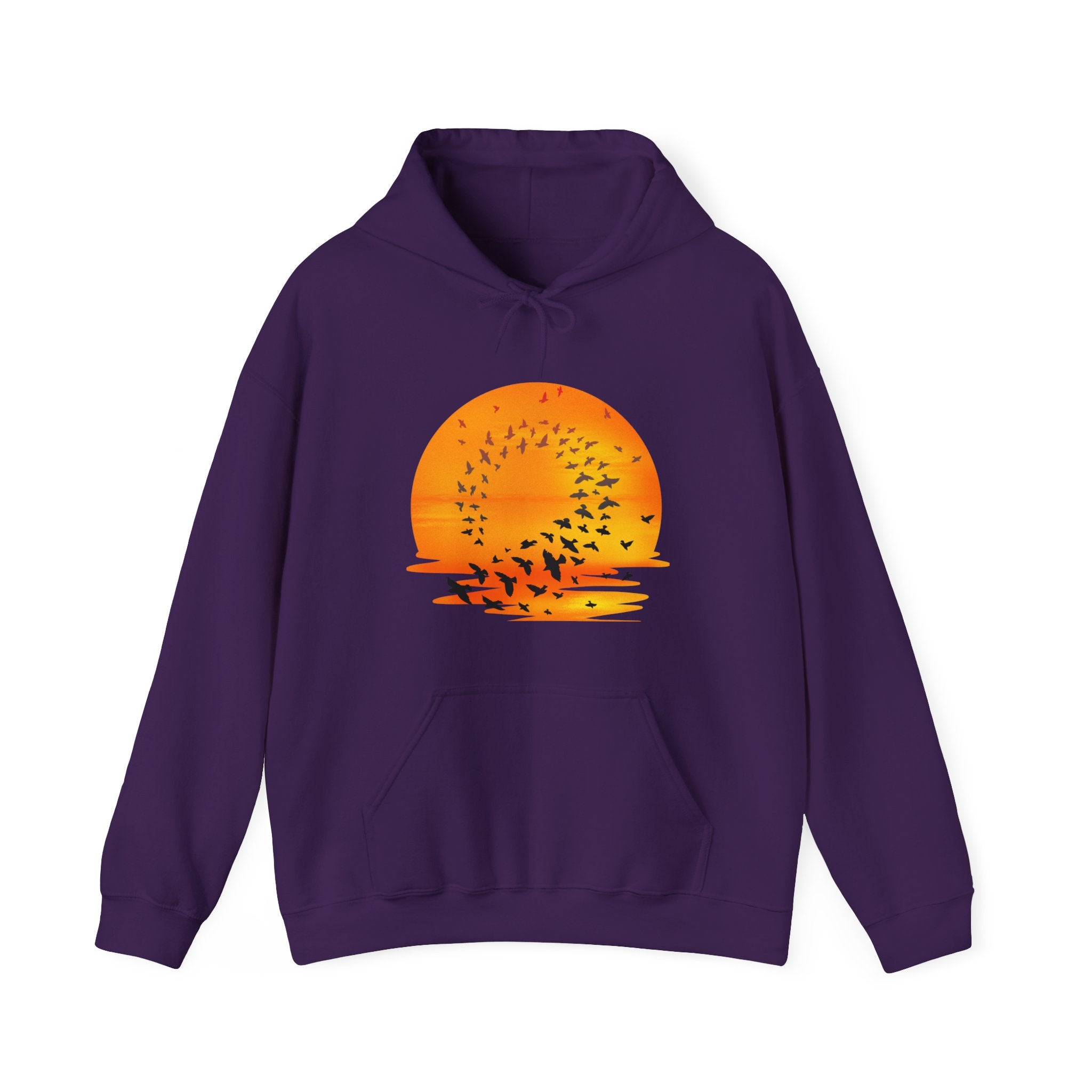 Purple hoodie with a sunset and bird design on a white background