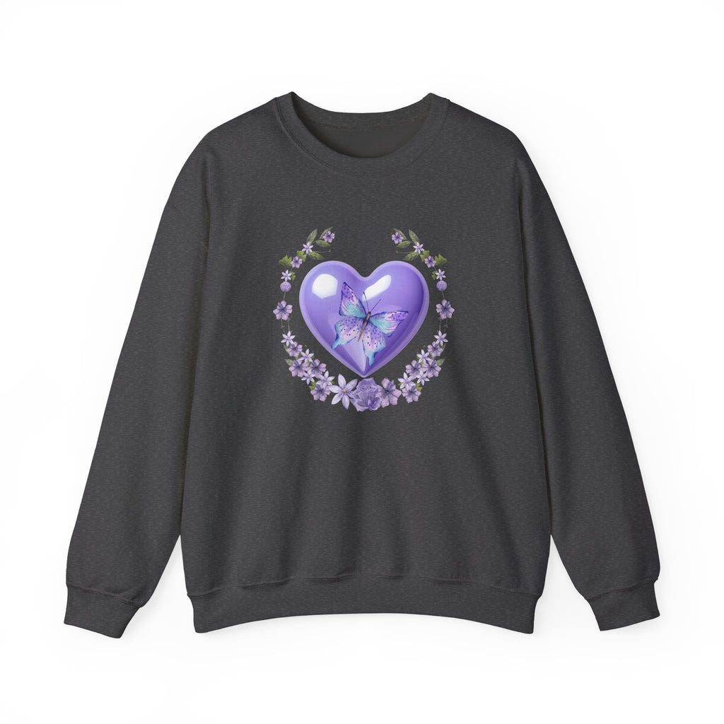 Black sweatshirt with a purple heart and butterfly design on a white background