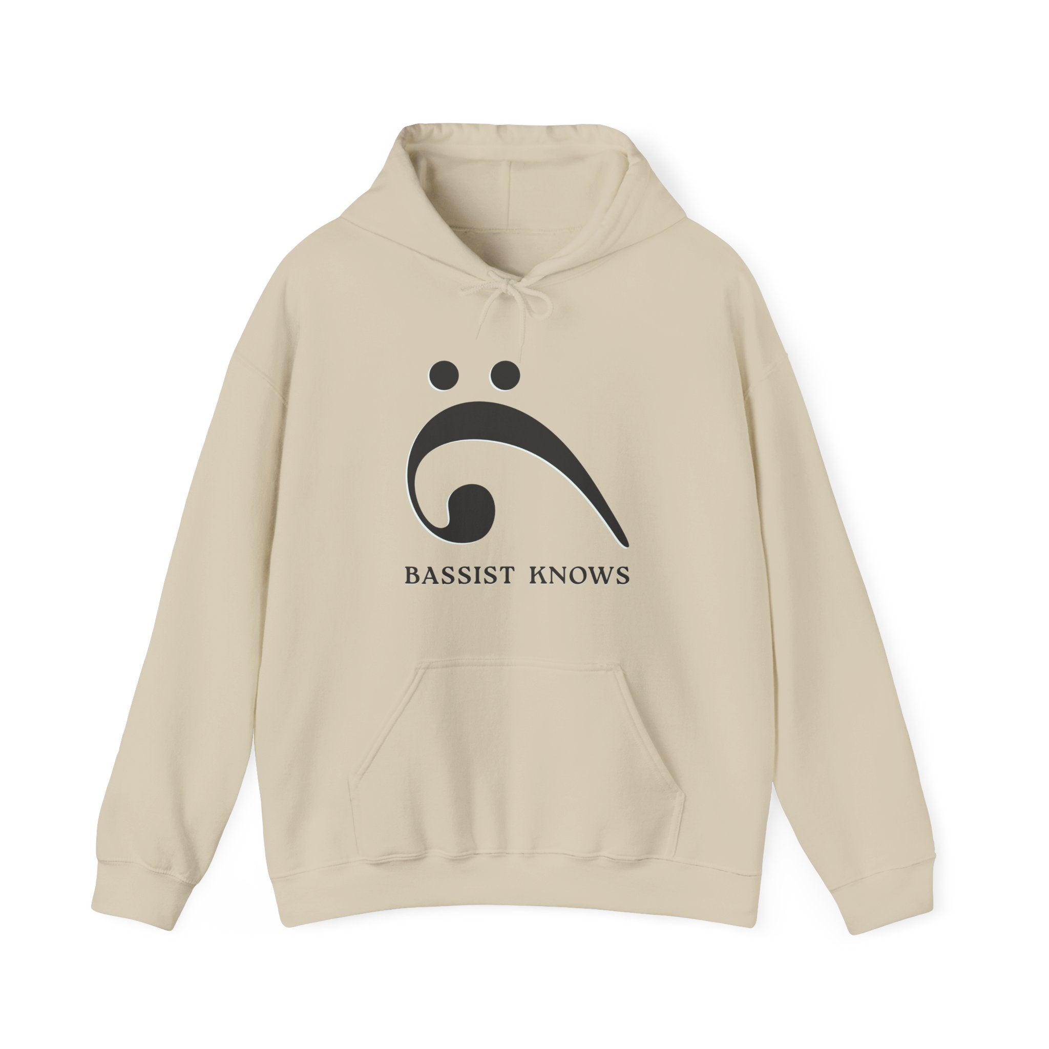 Beige hoodie with a black bass clef graphic and "Bassist Knows" text on a white background