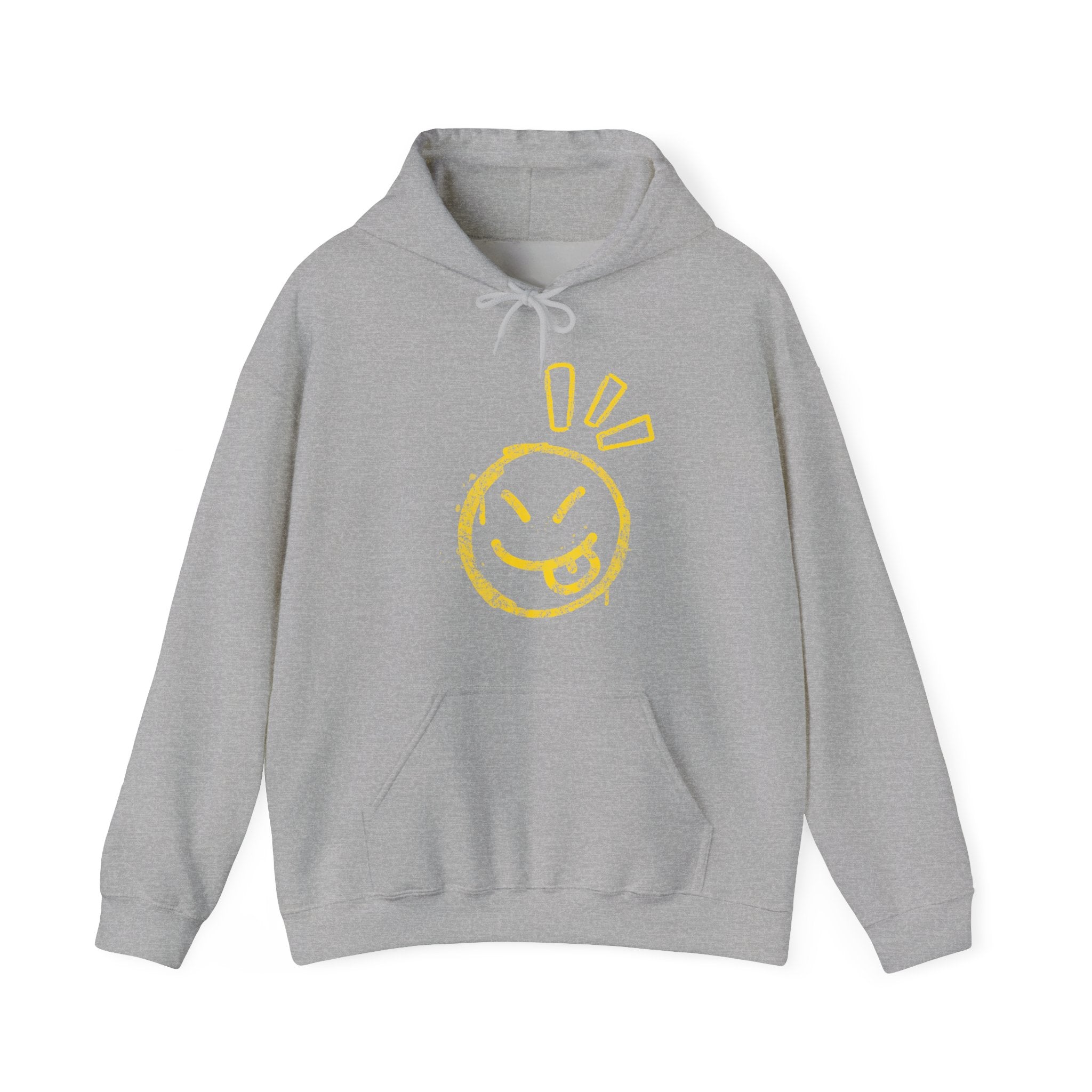 Gray hoodie with a graphic of a wacky emoticon on a white background
