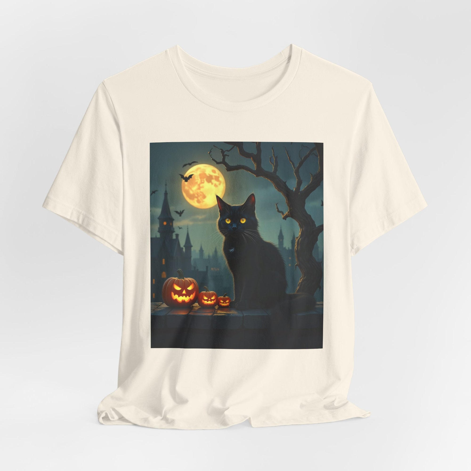 Halloween Cat with Bats and Pumpkins T-shirt for Men and Women