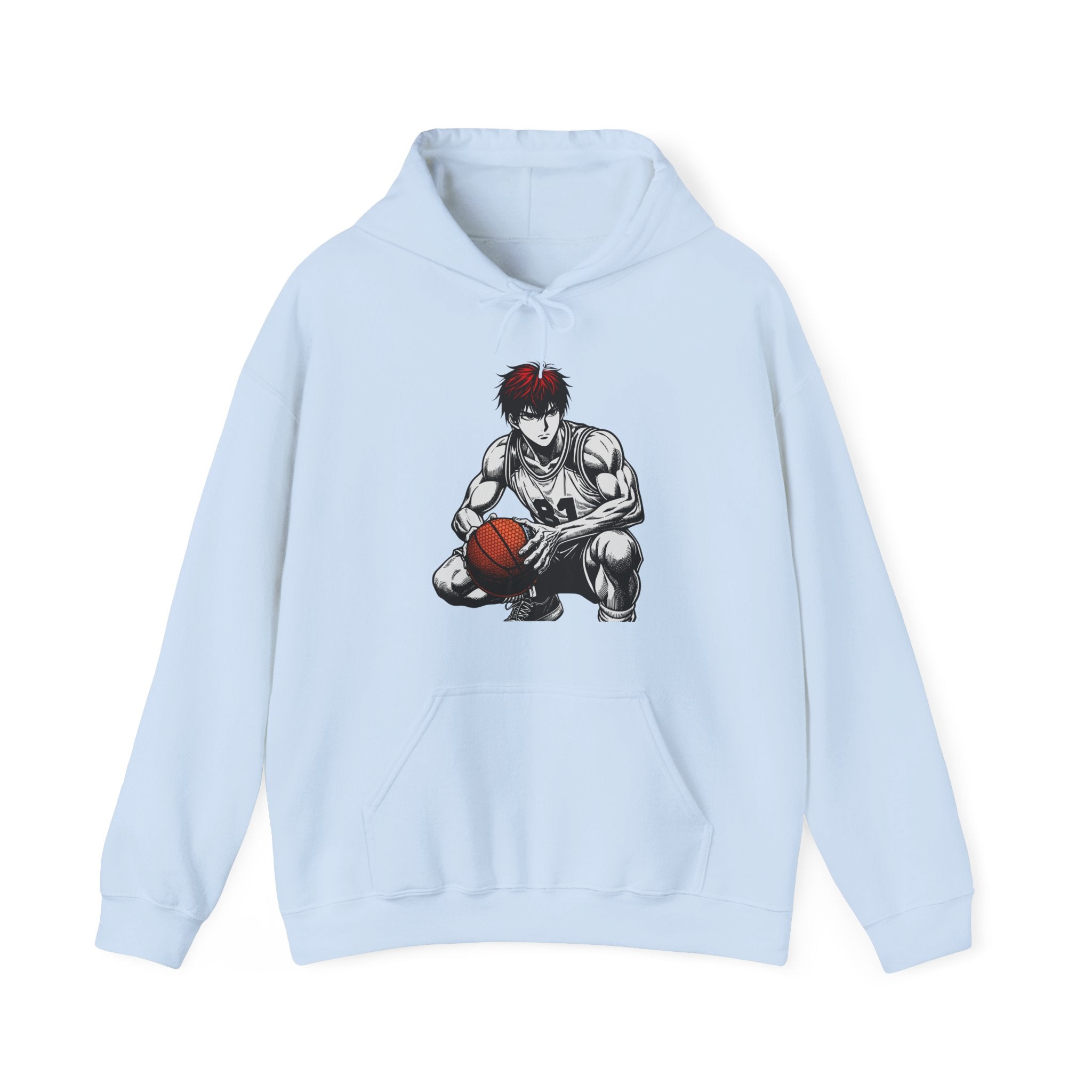 Light blue hoodie with a graphic of a character holding a basketball on a white background