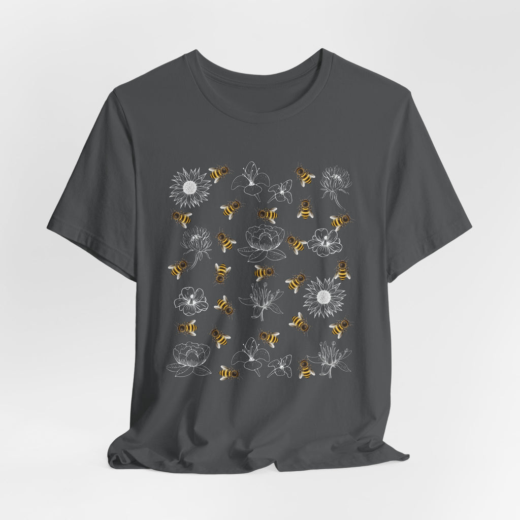Gray t-shirt with bee and flower on a white background