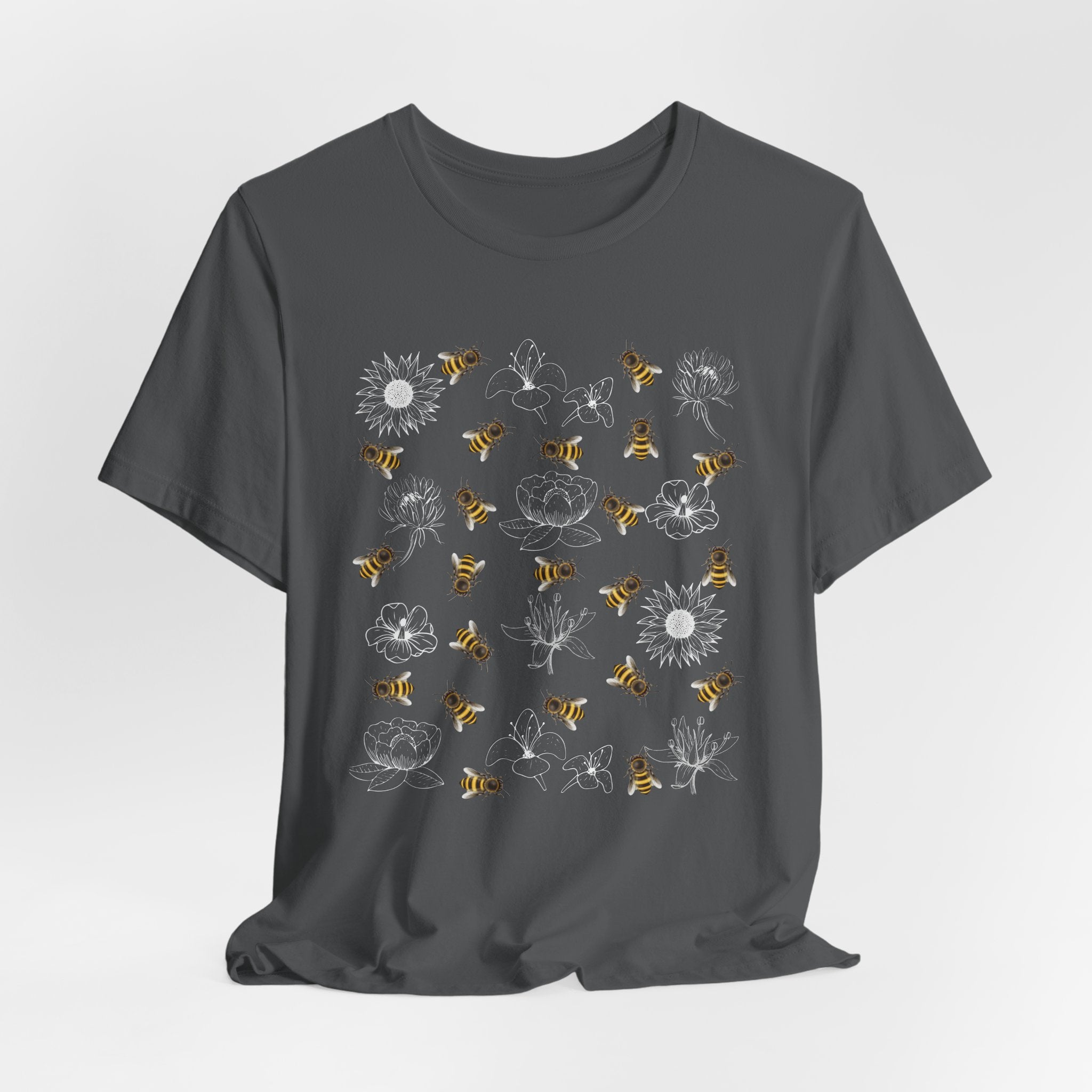 Gray t-shirt with bee and flower on a white background