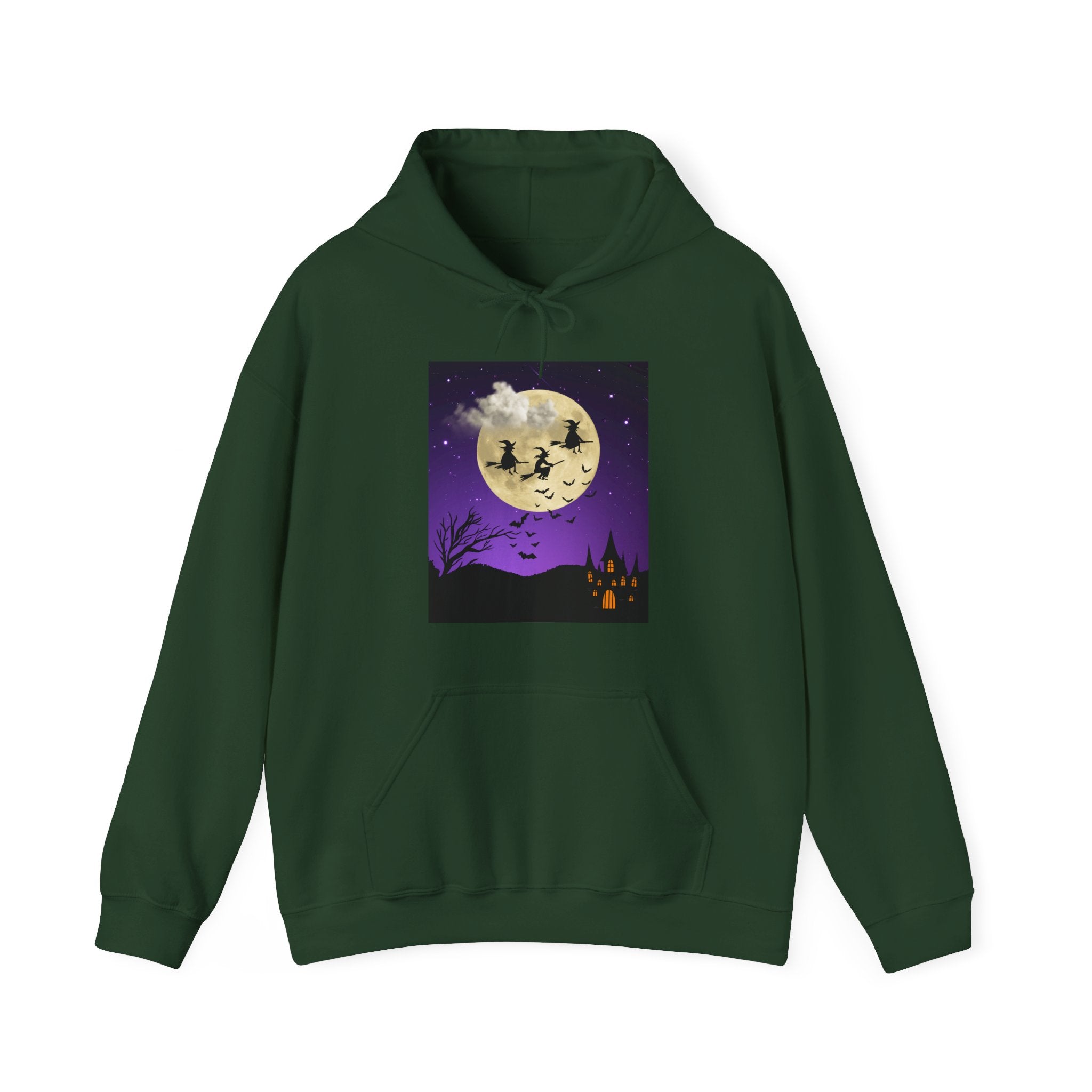 Green hoodie with Halloween-themed graphic on a white background