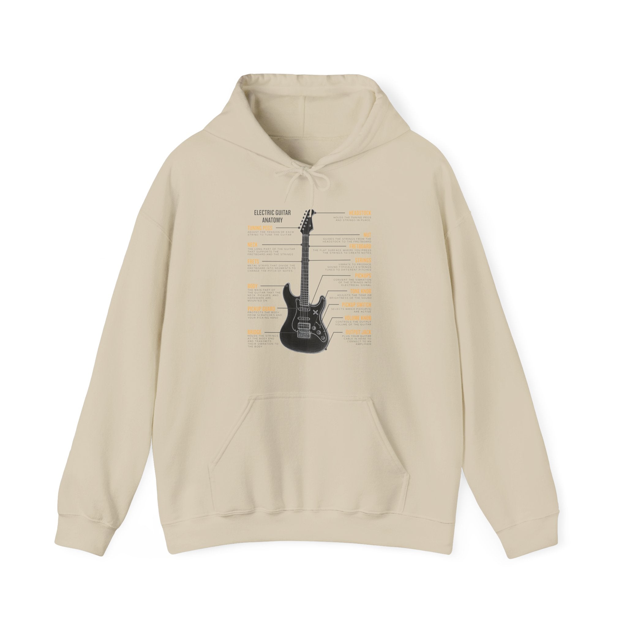 Beige hoodie with electric guitar graphic and texts on a white 