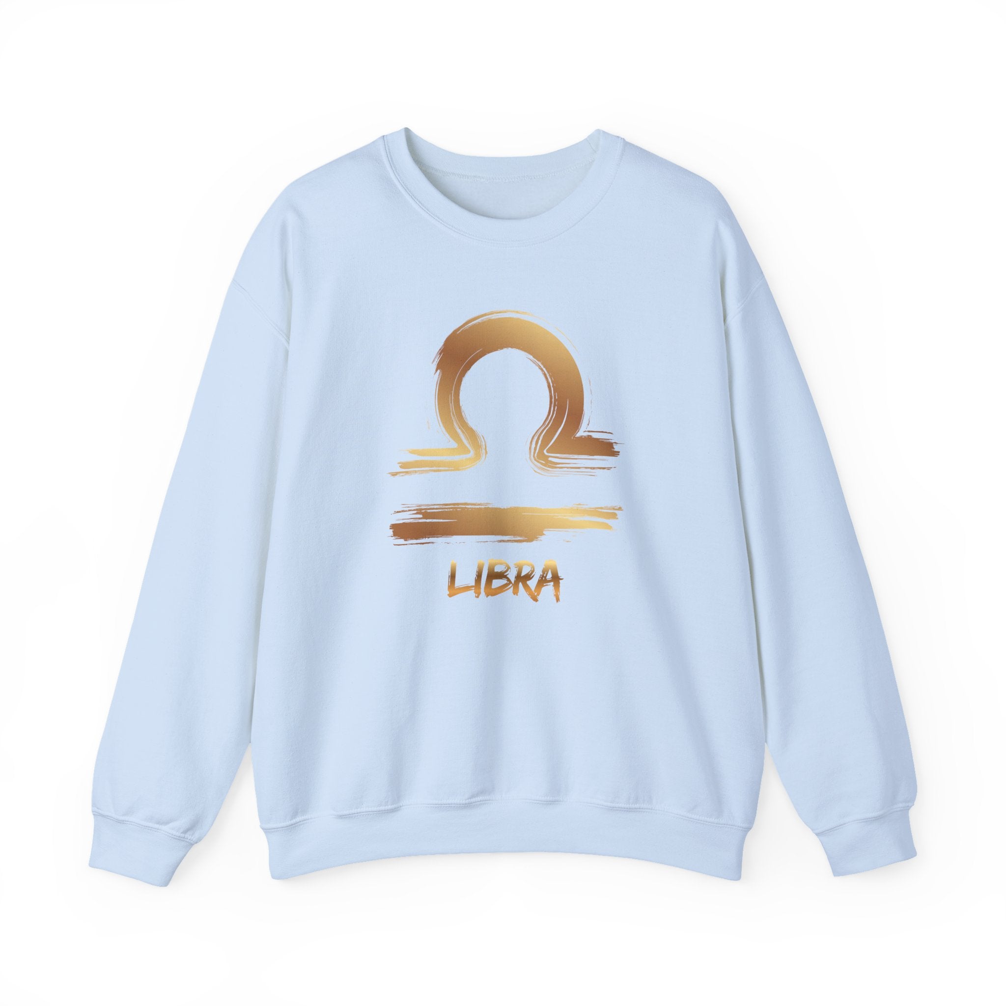 Light blue sweatshirt with Libra zodiac sign design on a white background