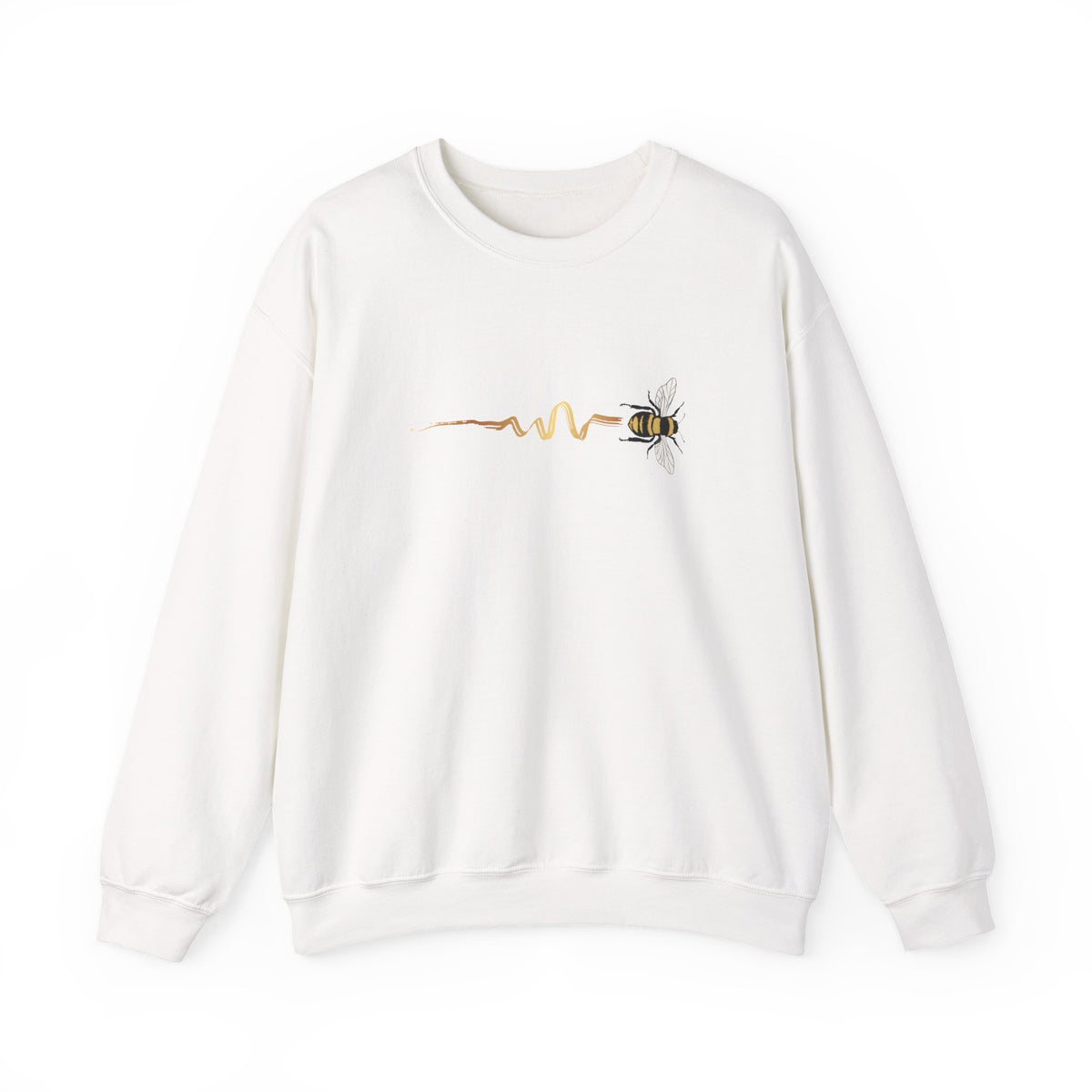 White sweatshirt with a bee design on a white background