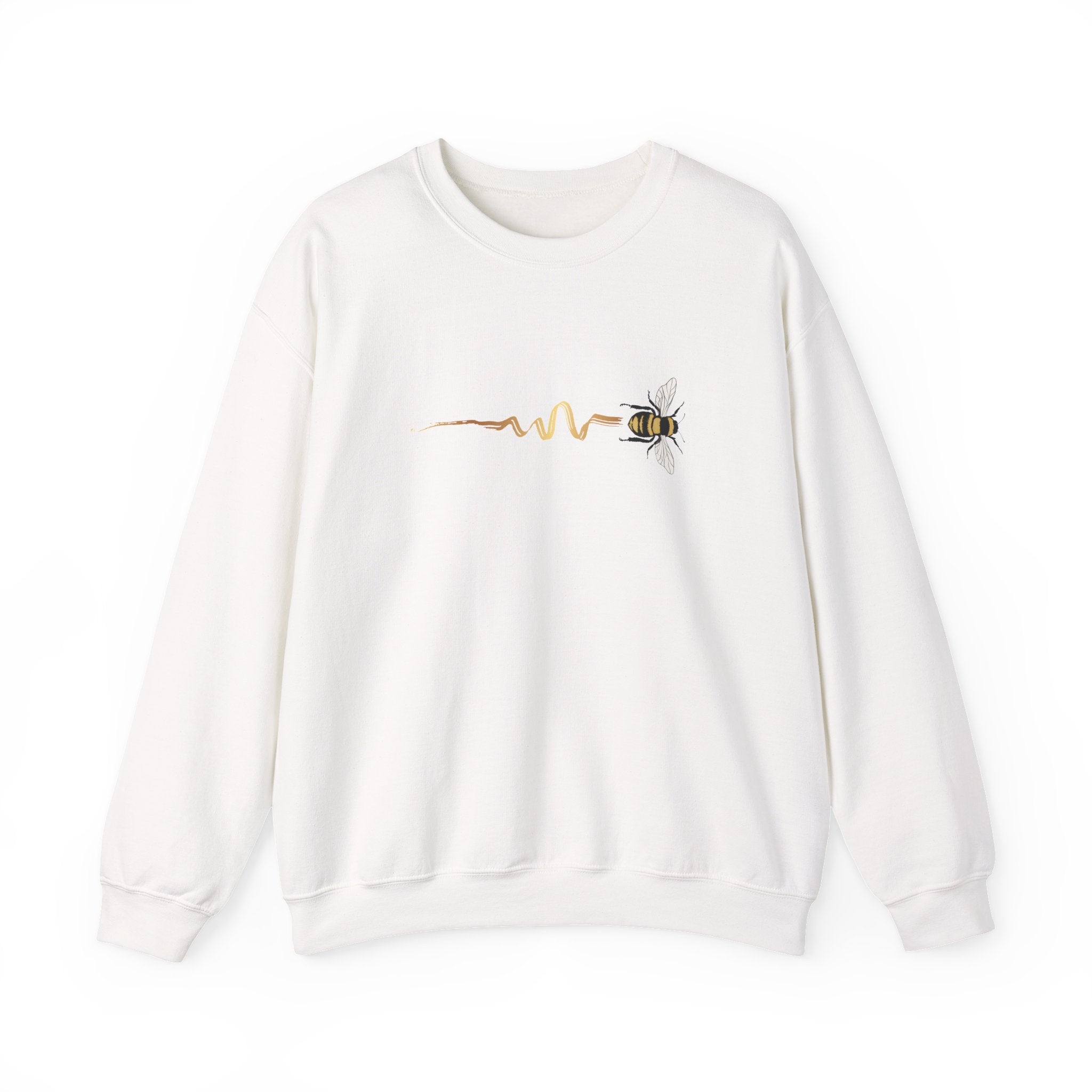 White sweatshirt with a bee design on a white background