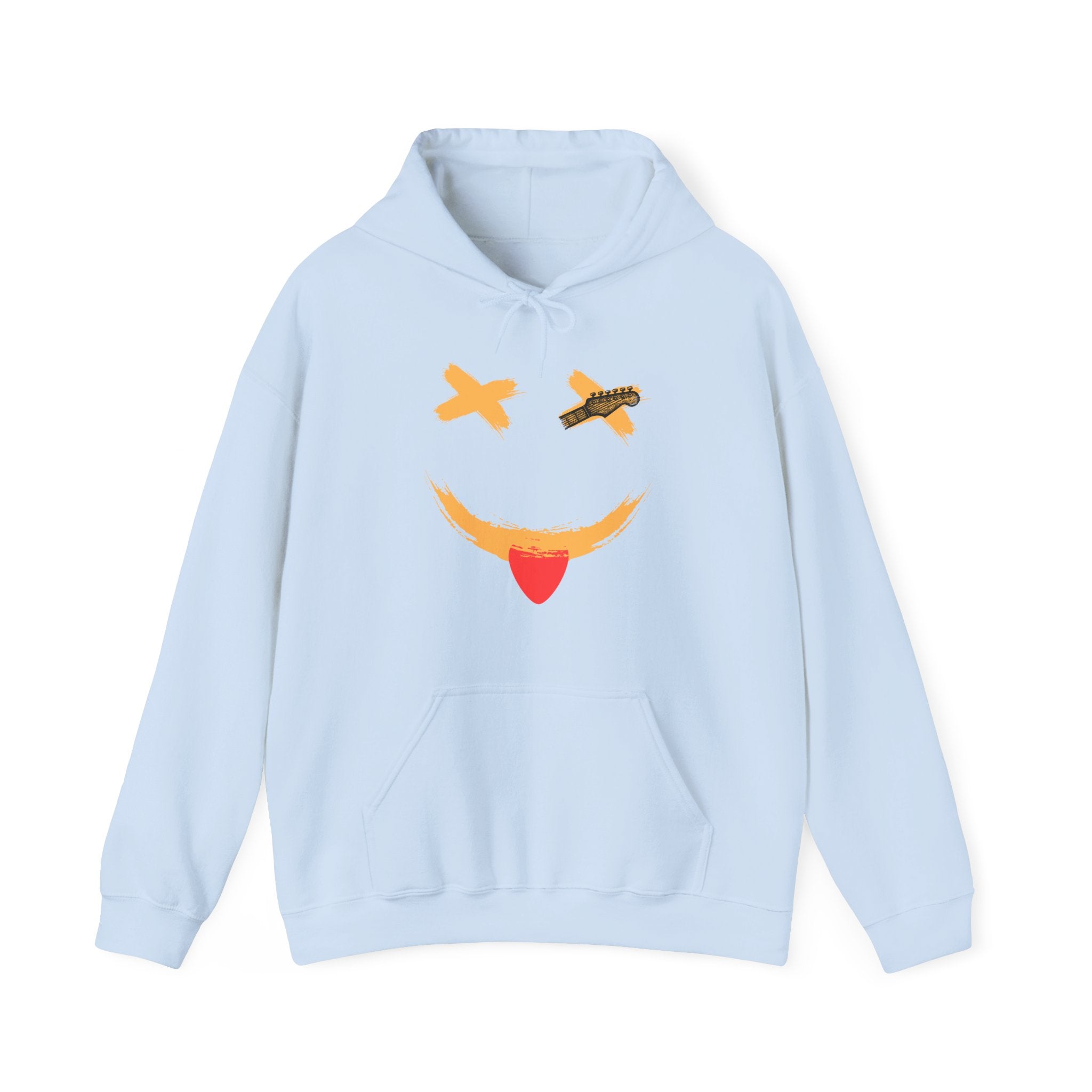 Light blue hoodie with a smiley face guitar graphic design on a white background