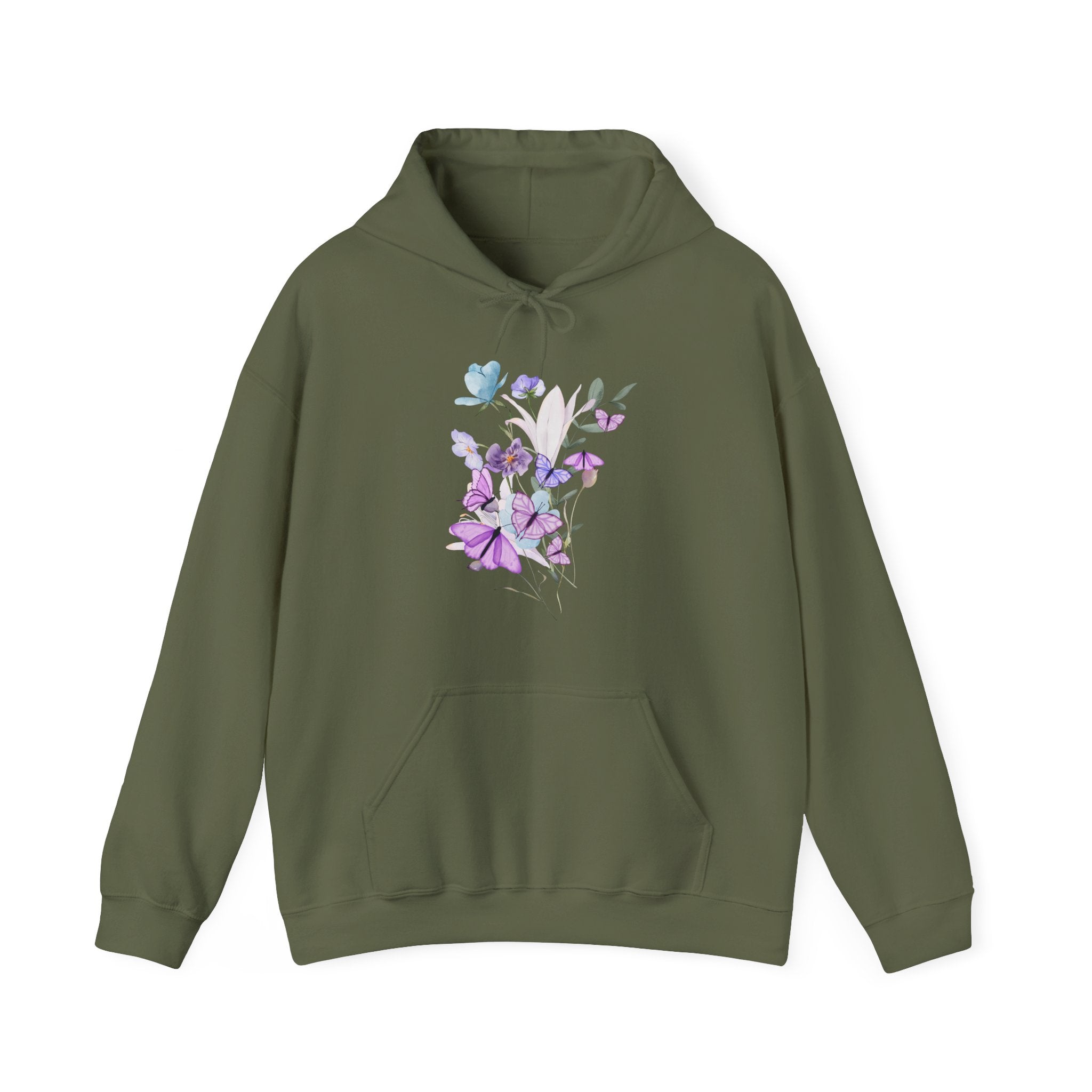 Military green hoodie with a graphic of flowers and butterflies on a white background