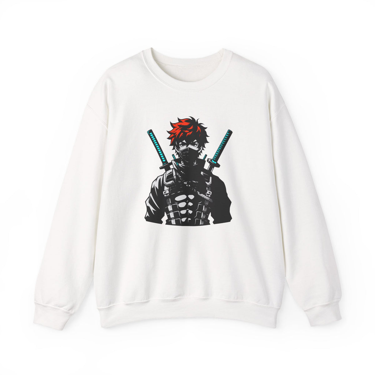 White sweatshirt with a graphic of a character holding two swords on a white background