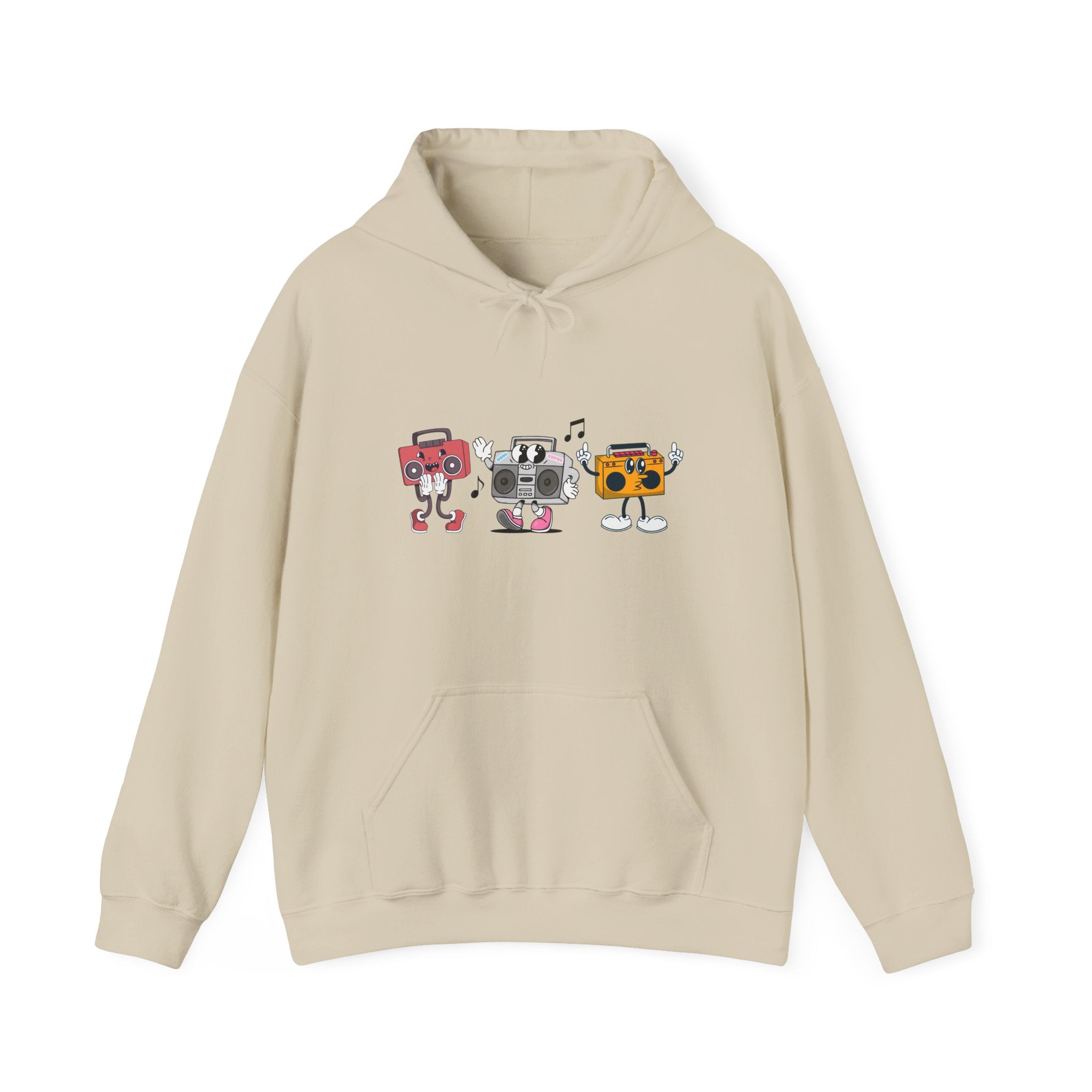 Beige hoodie with cartoon graphic of four vintage-style music players on a white background