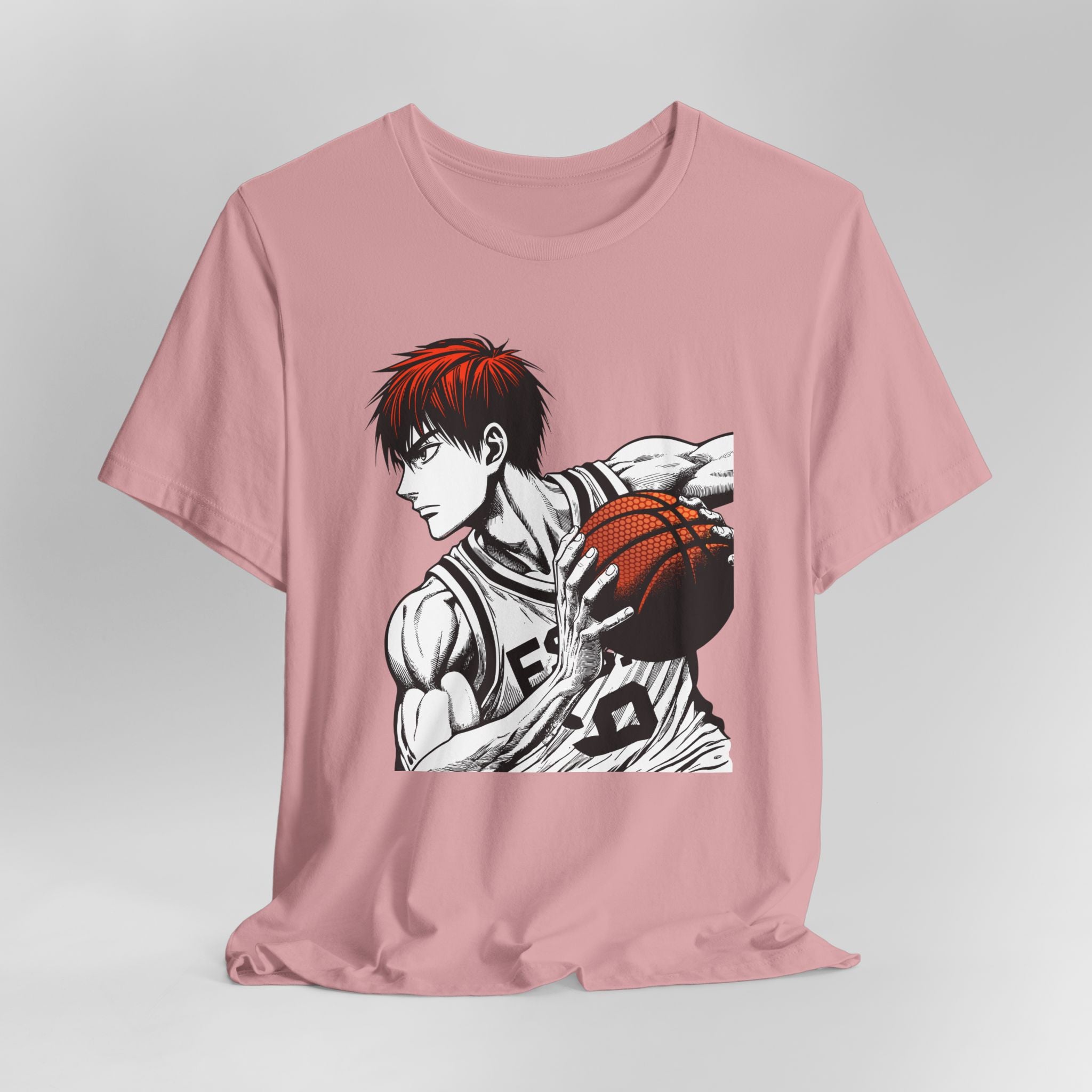 Pink t-shirt with an anime-style graphic of a character holding a basketball on a light gray background