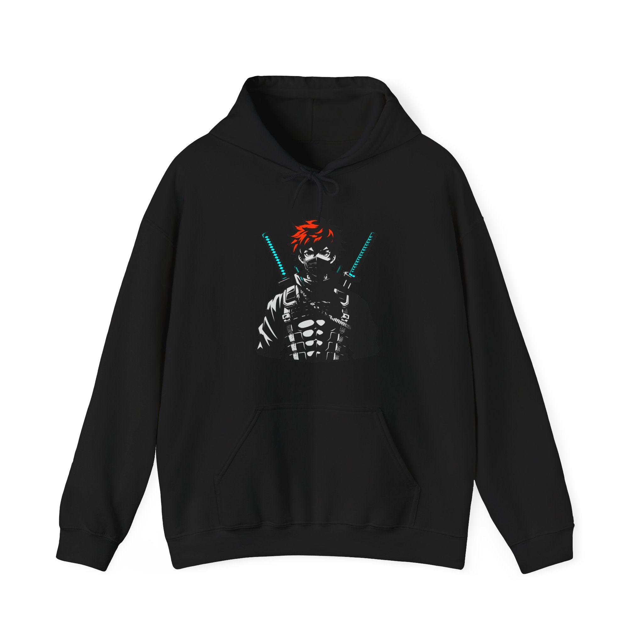 Black hoodie with an anime graphic design on a white background