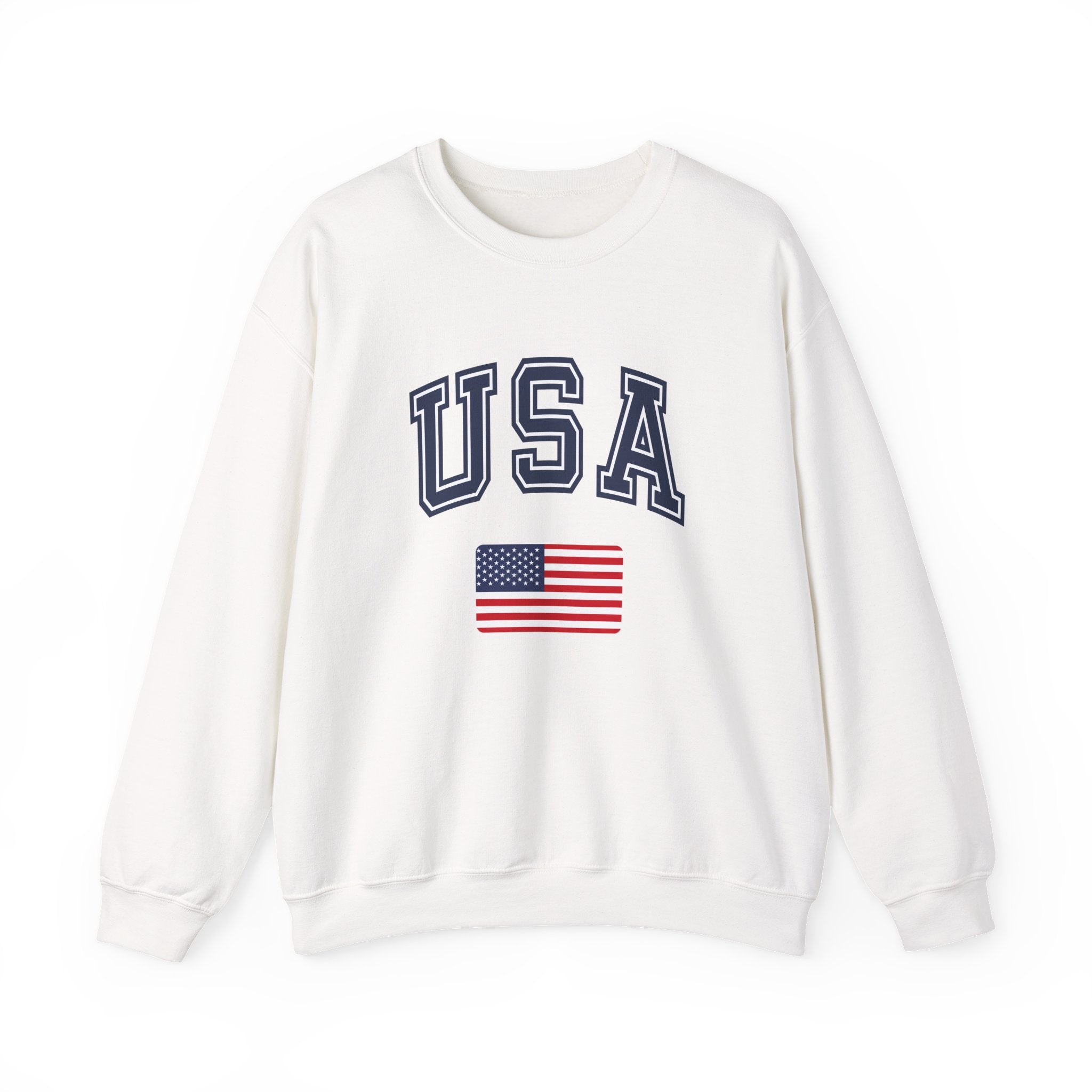 White sweatshirt with 'USA' and American flag design on a white background