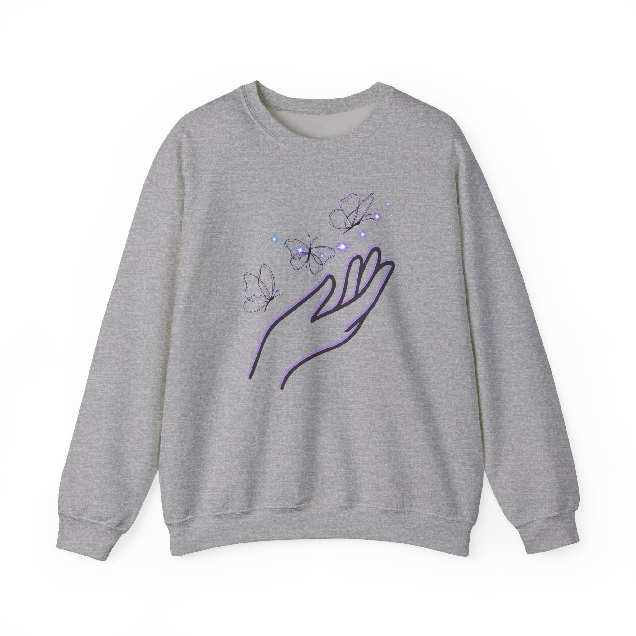Gray sweatshirt with a hand and butterfly design on a white background