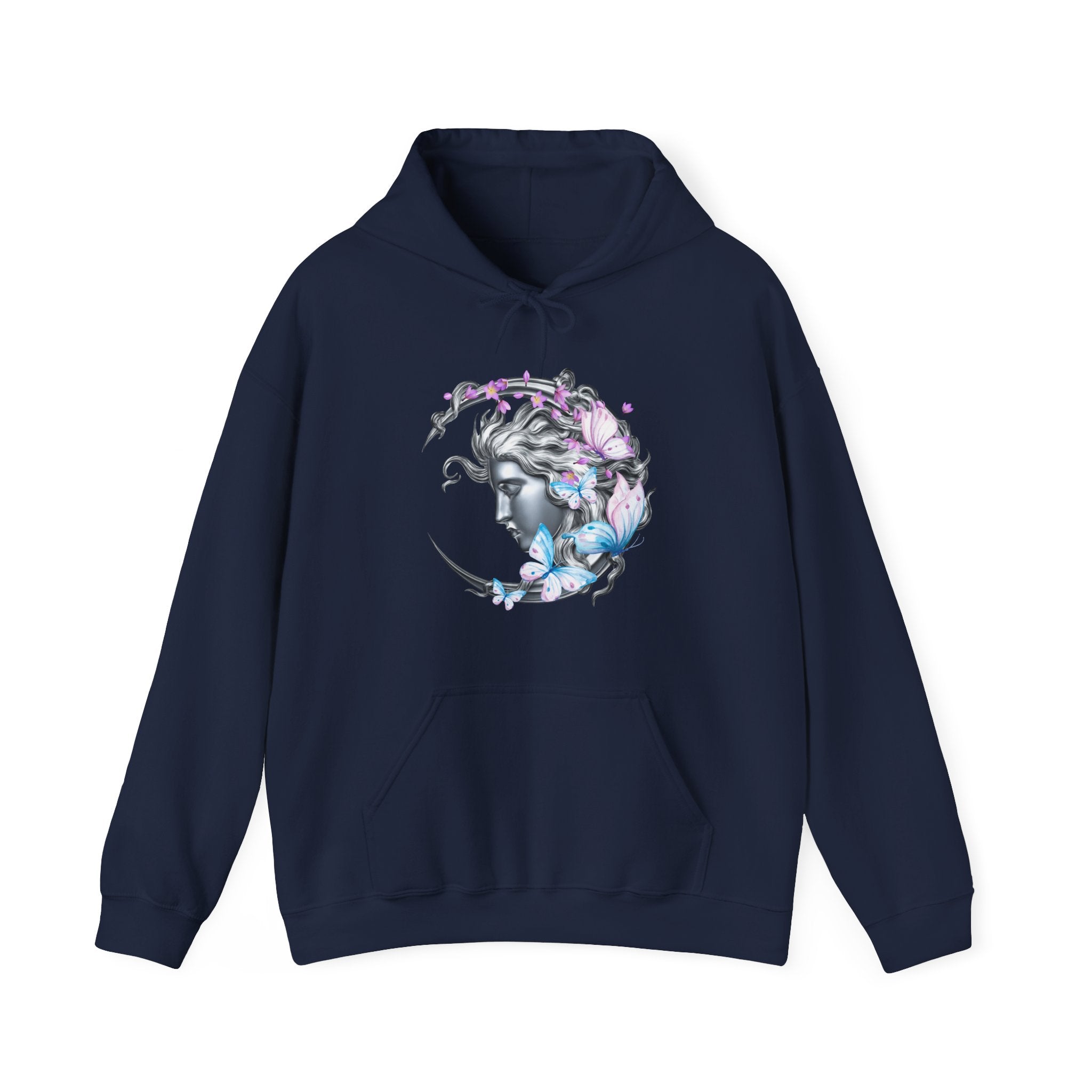 Navy blue hoodie with a woman and flower design on a white background