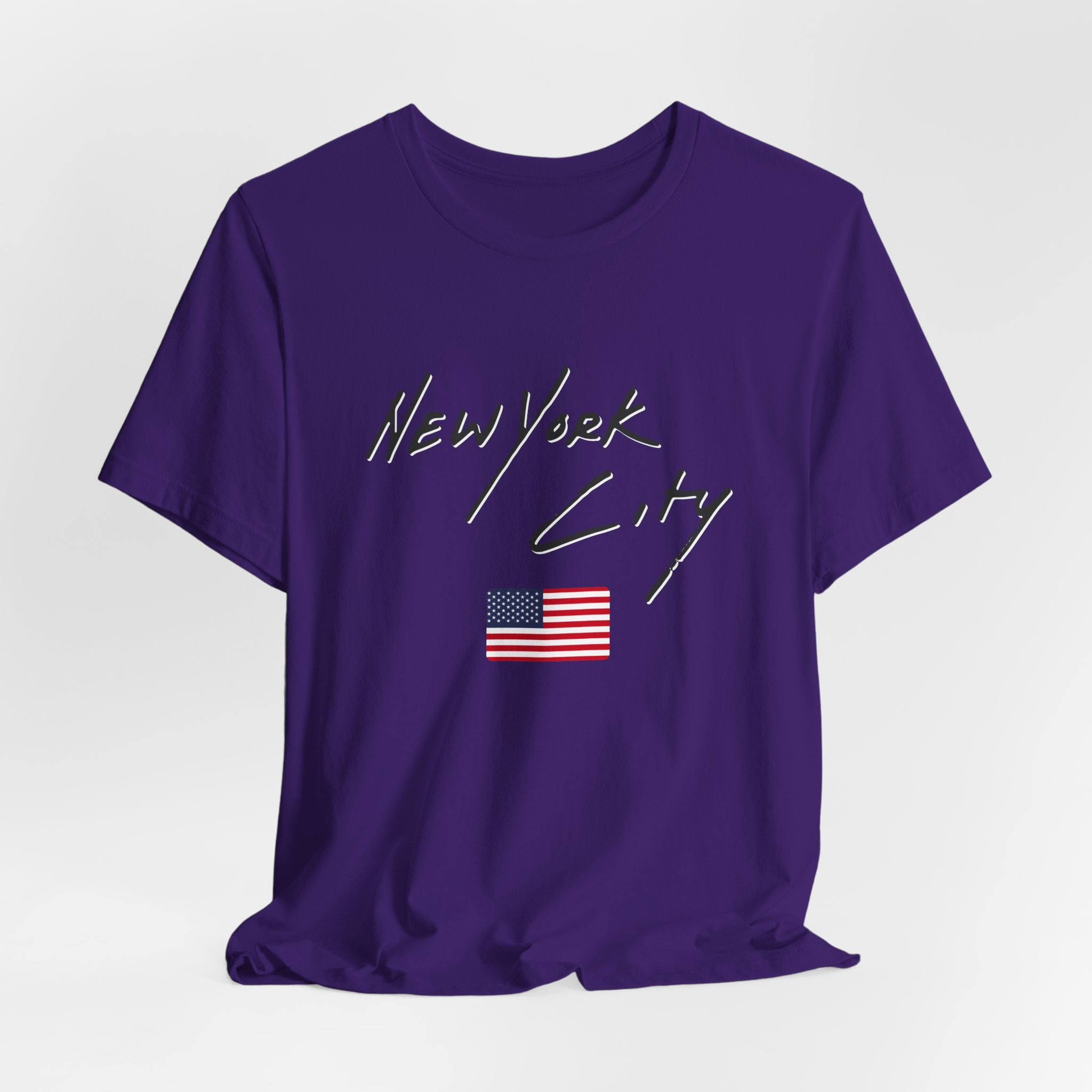Purple t-shirt with 'New York City' text and American flag on a white background