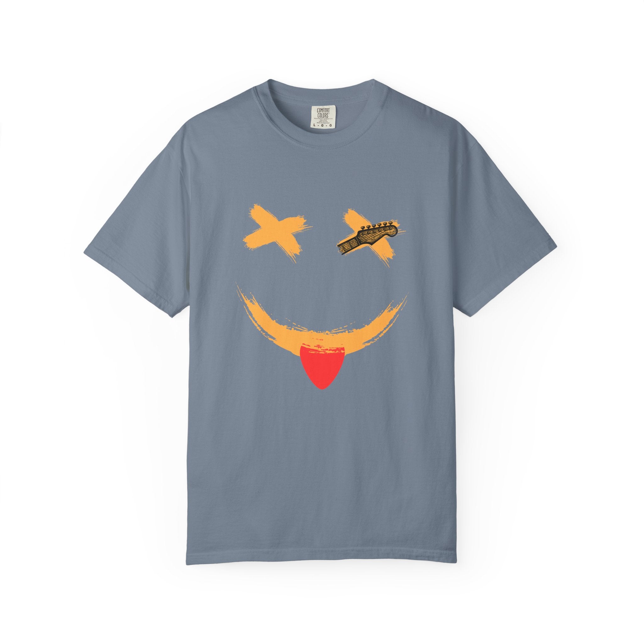 Gray t-shirt with a smiley face design on a white background
