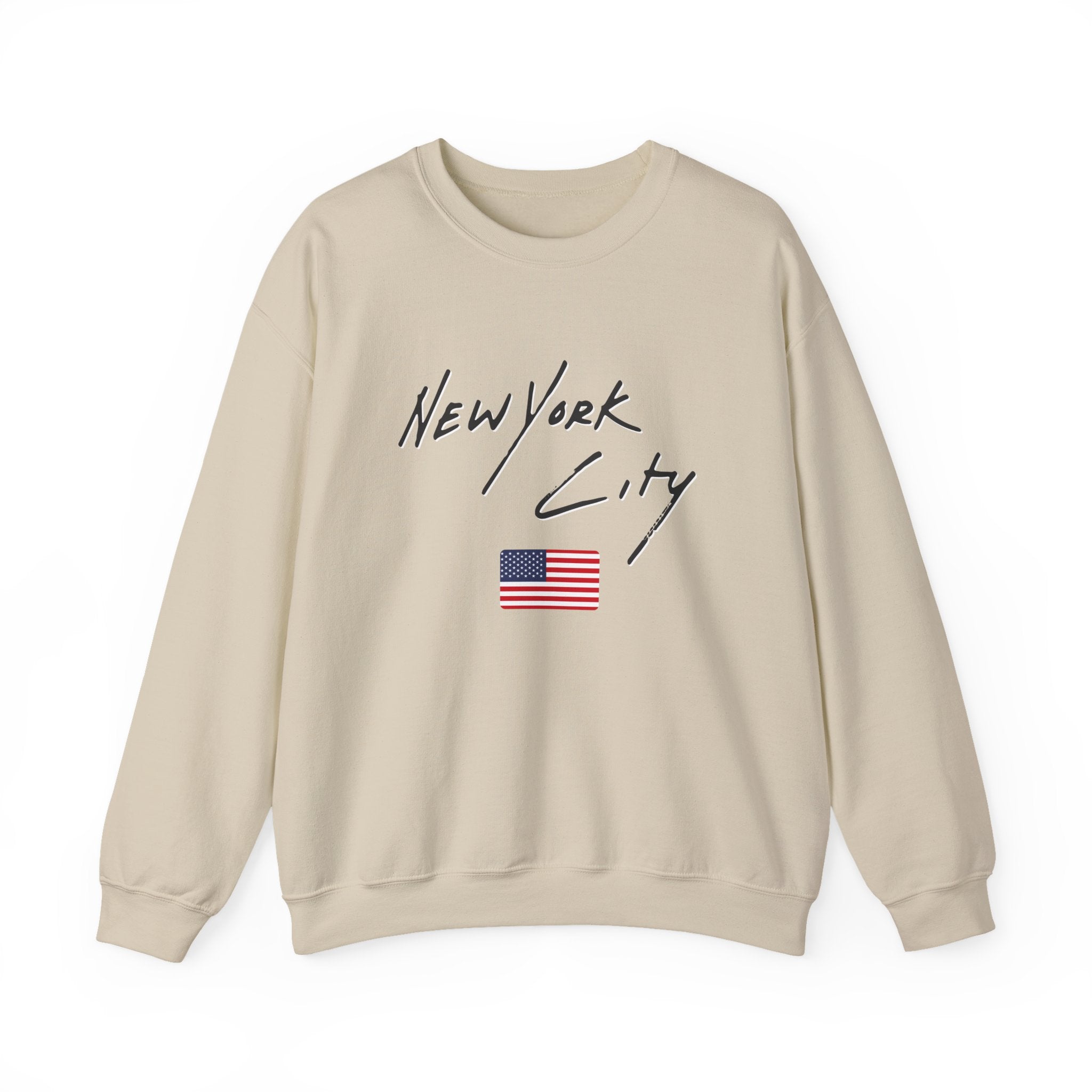 Beige sweatshirt with 'New York City' and American flag on a white background