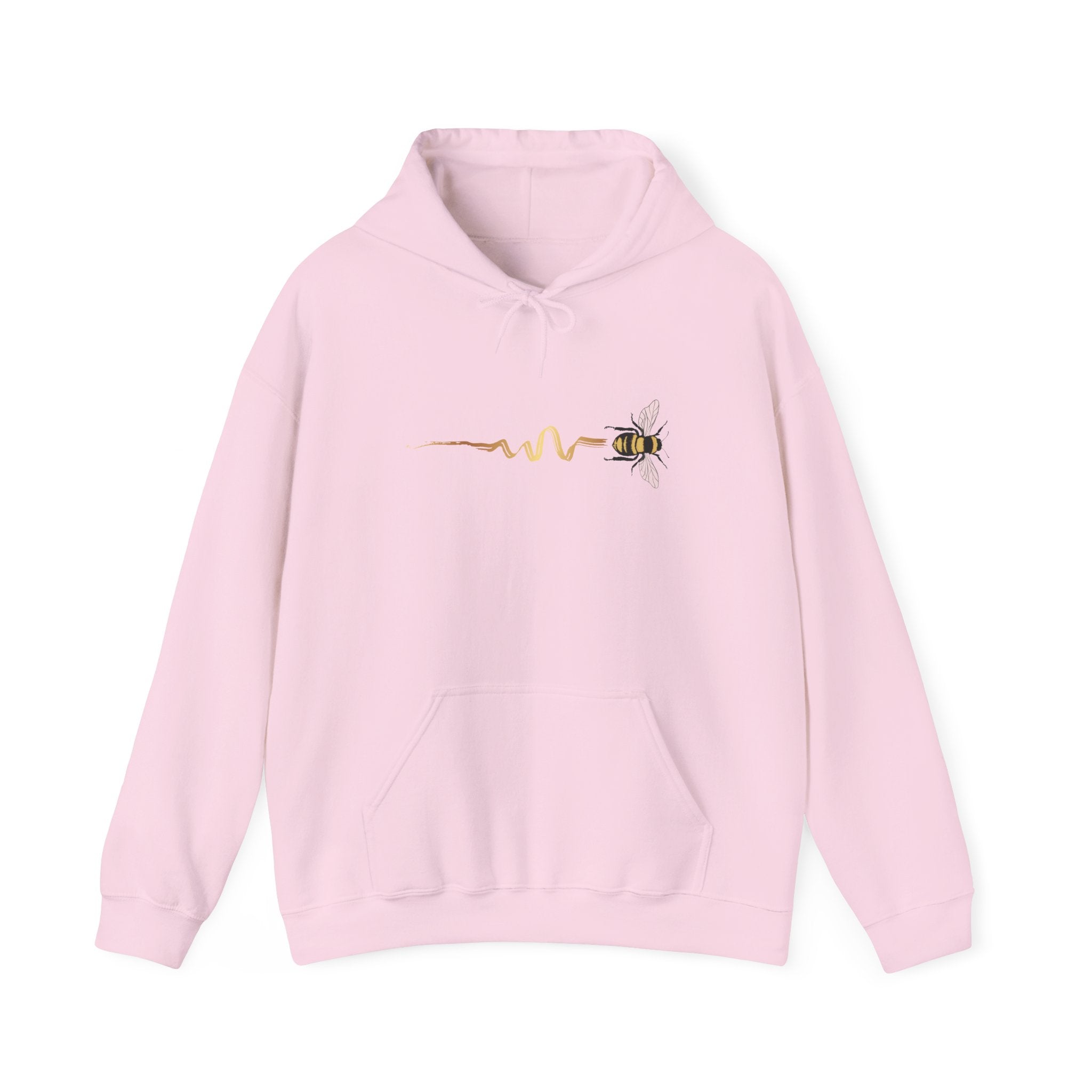 Pink hoodie with a bee design on a white background