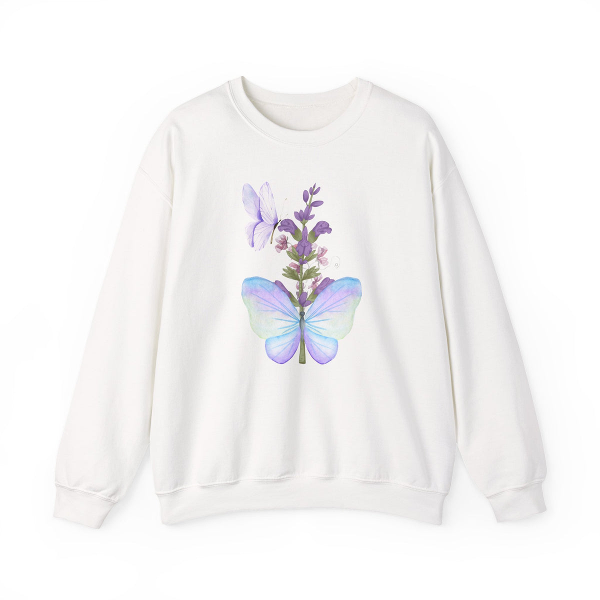 White sweatshirt with a butterfly and flower design on a white background