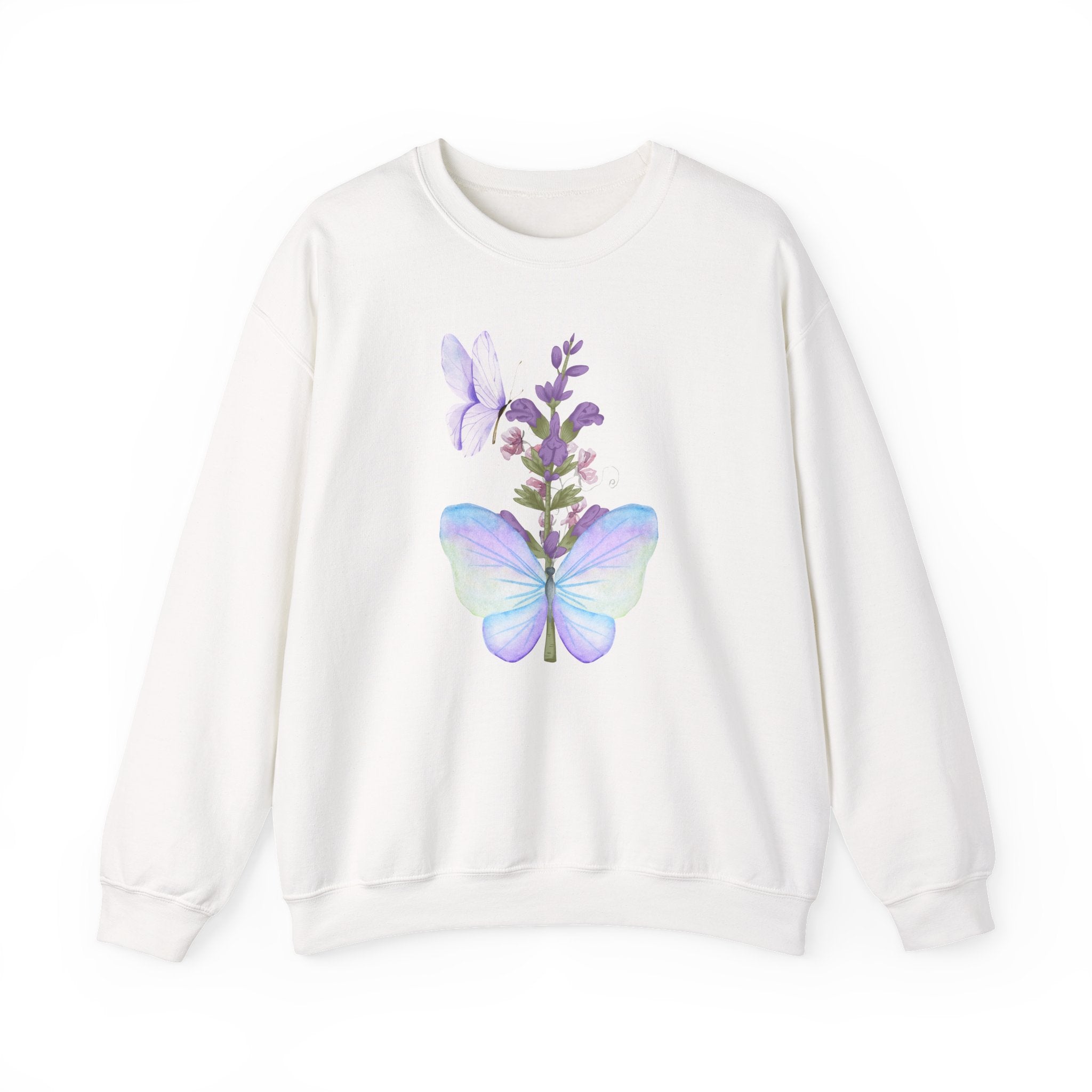 White sweatshirt with a butterfly and flower design on a white background
