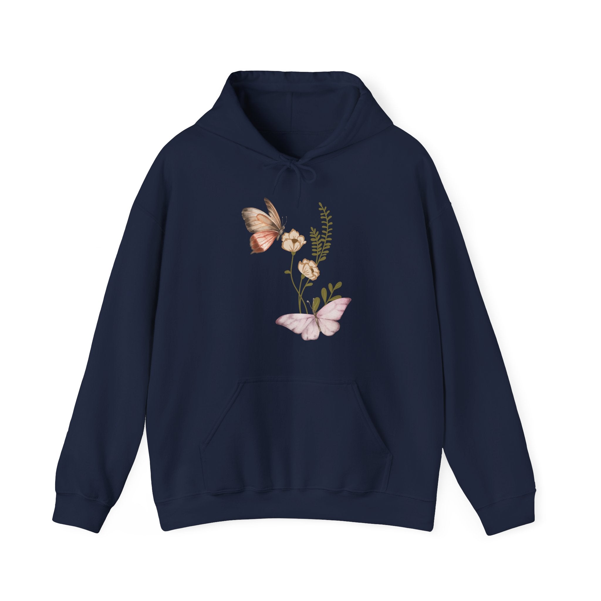Navy blue hoodie with butterfly and floral design on a white background