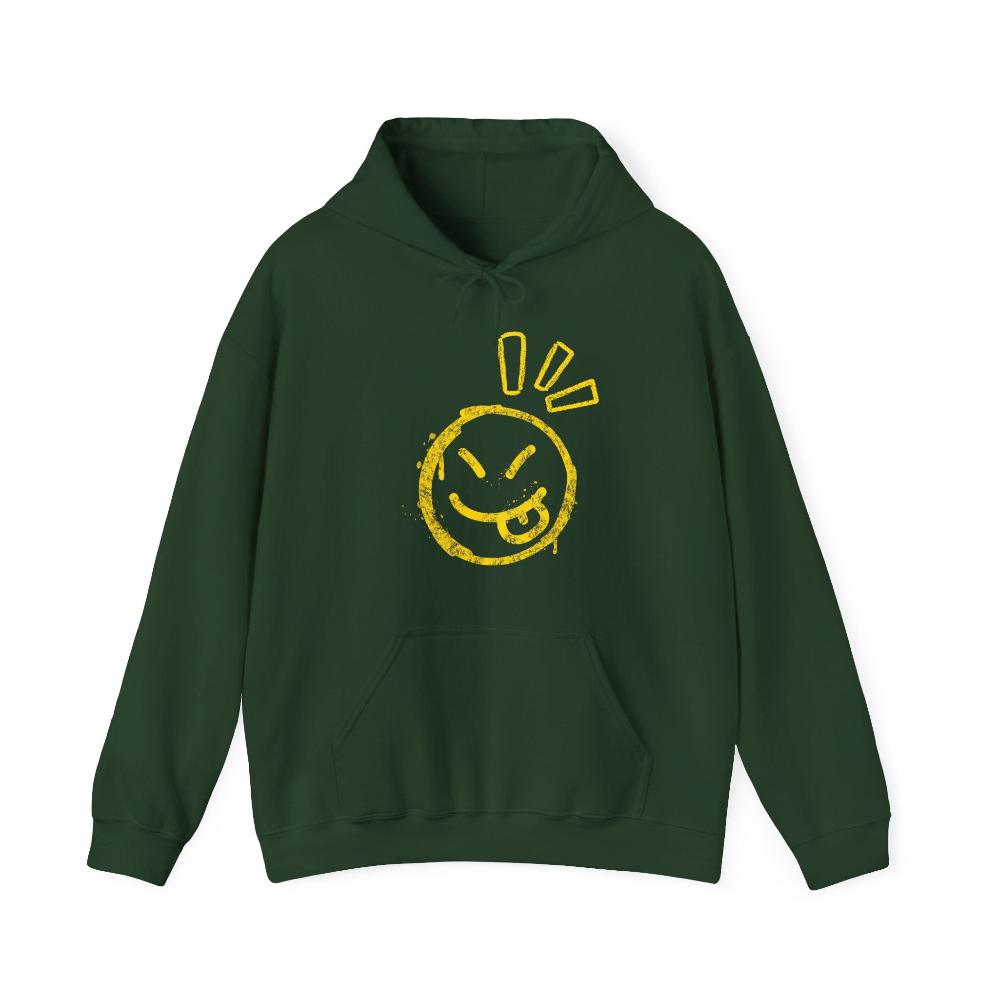 Green hoodie with a graphic of a wacky emoticon on a white background