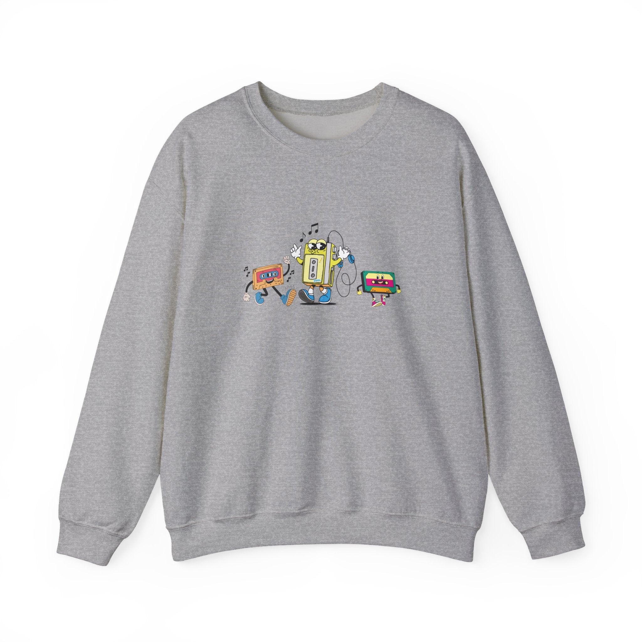 Gray sweatshirt with colorful robot design on a white background
