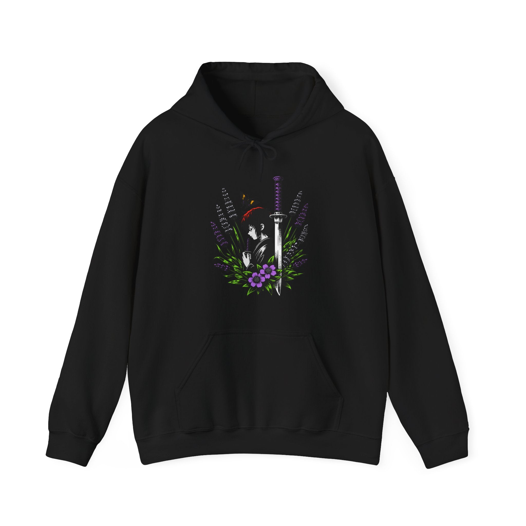 Black hoodie with an anime graphic design on a white background